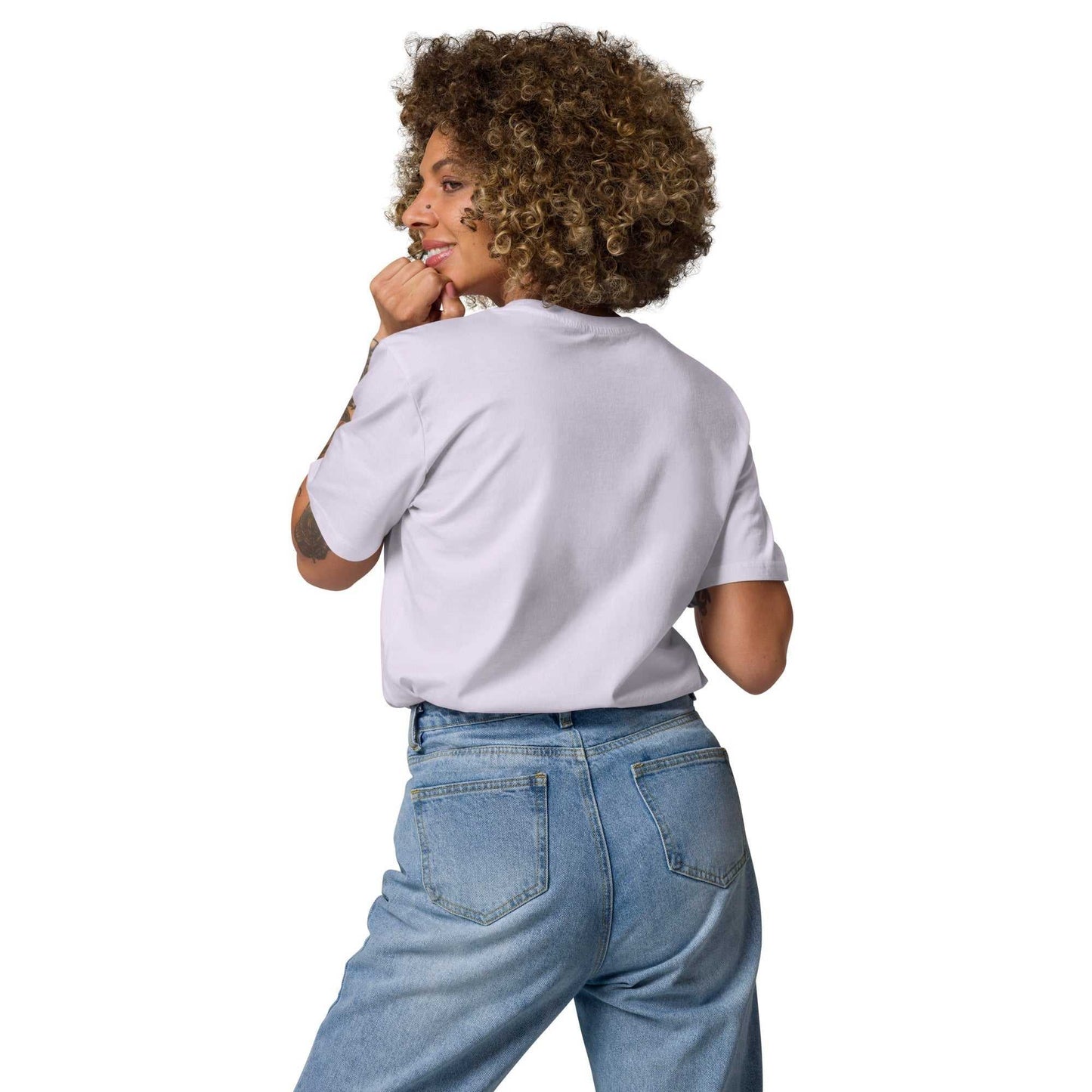 Back view of lavender Fresh and Fruity Organic Cotton T-Shirt, soft organic cotton tee with unisex appeal.