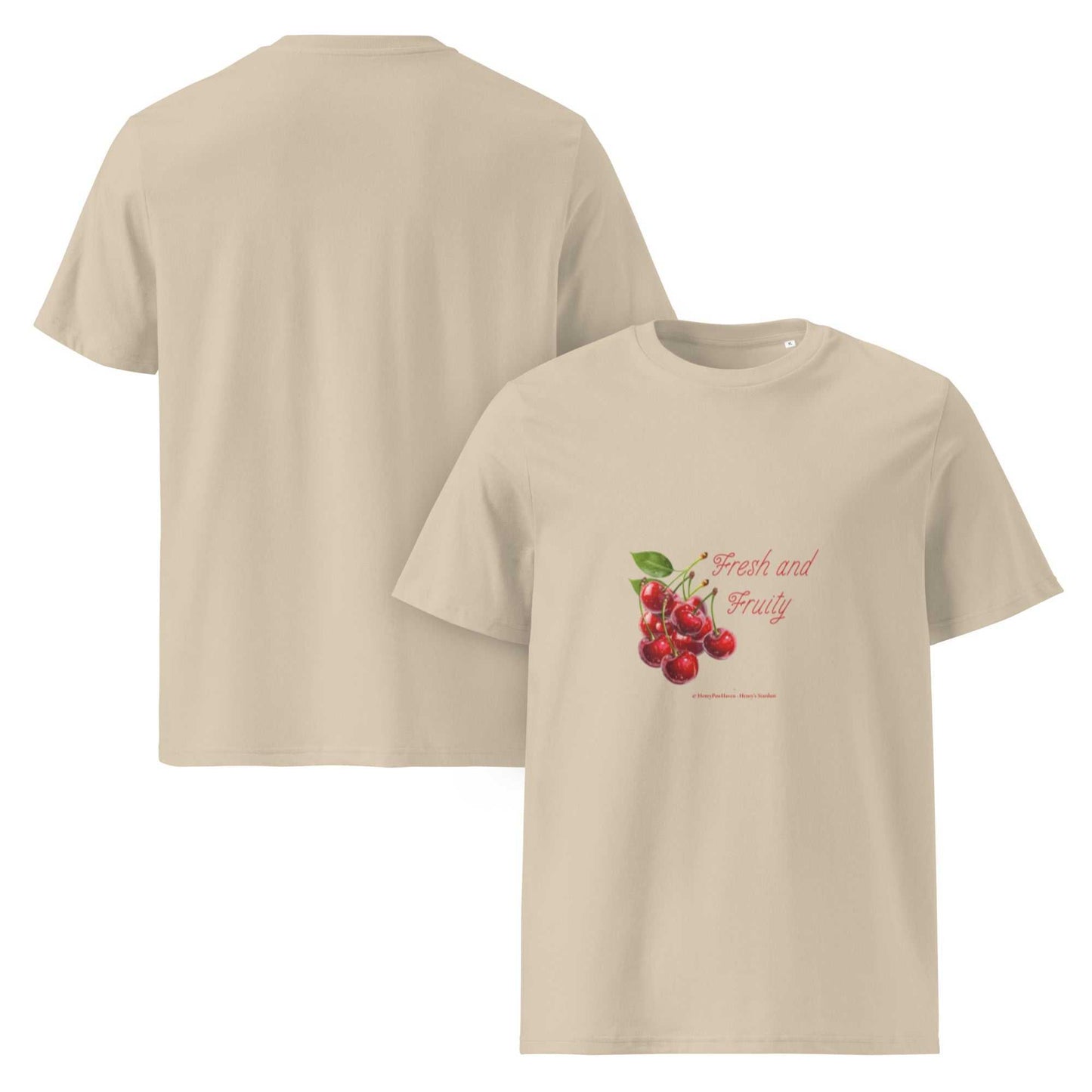 Fresh and Fruity Organic Cotton T-Shirt in beige with cherry design and playful typography, sustainable unisex short-sleeve tee.