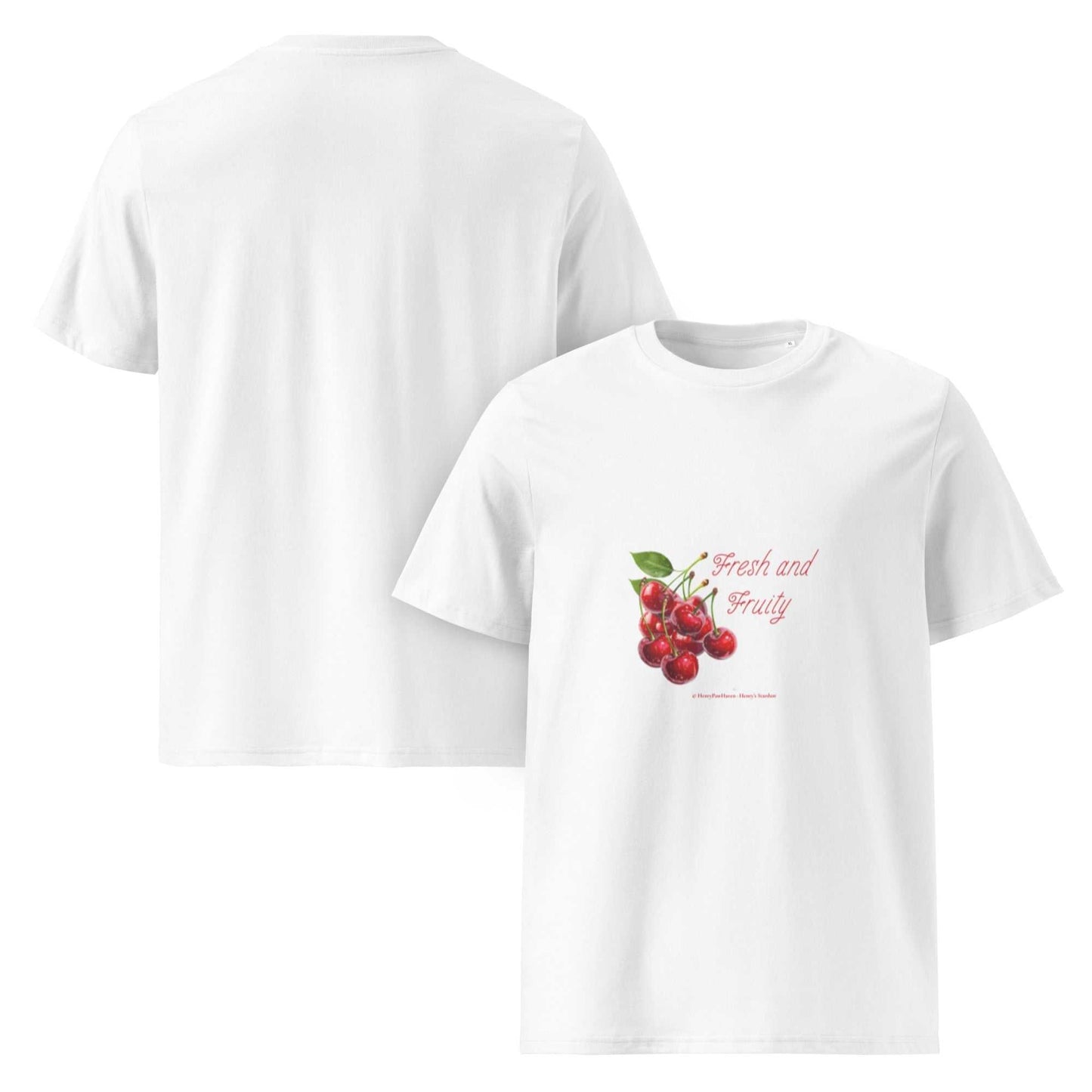 Fresh and Fruity Organic Cotton T-Shirt in white with bold cherry artwork, playful and eco-conscious clothing choice.