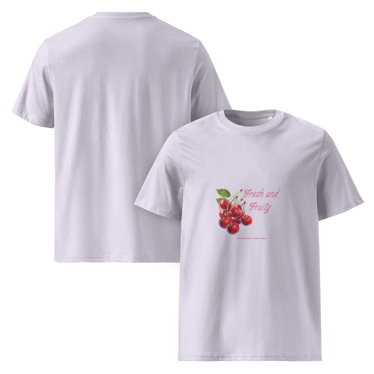 Fresh and Fruity Organic Cotton T-Shirt in lavender with a fruity cherry graphic, sustainable unisex fashion for everyday comfort.