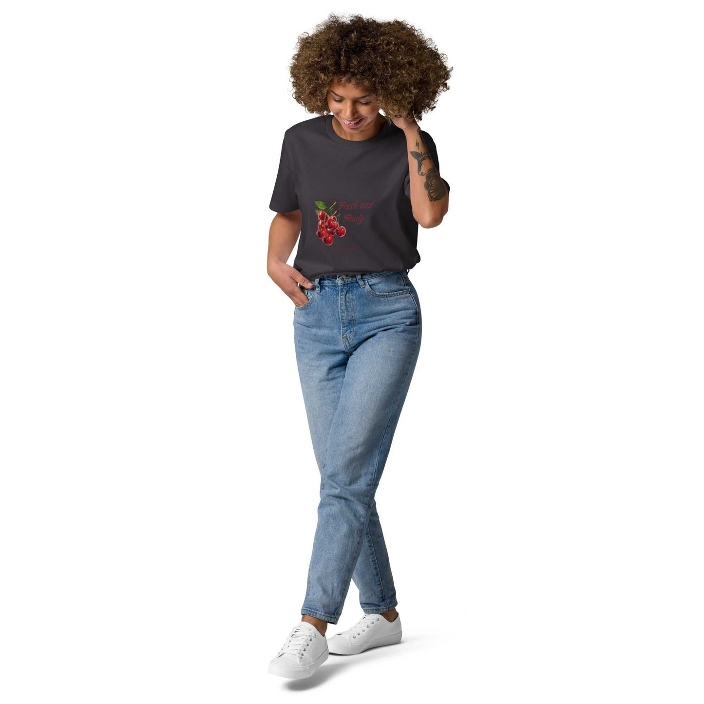 Full front view of model wearing dark gray Fresh and Fruity Organic Cotton T-Shirt with cherry print, casual and playful eco-style.