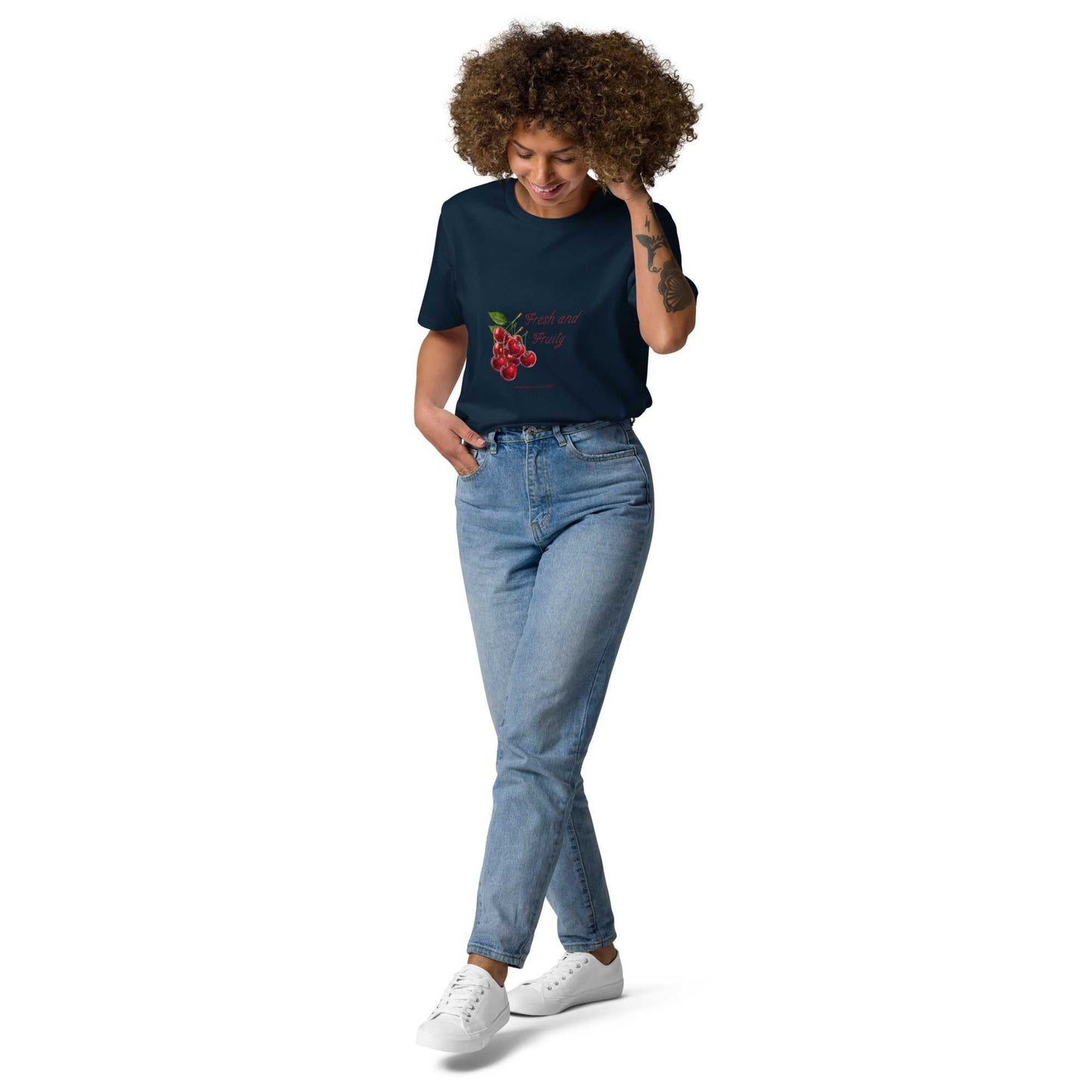 Fresh and Fruity Organic Cotton T-Shirt in navy blue, paired with jeans. Features fun cherry graphic for eco-friendly fashion lovers.