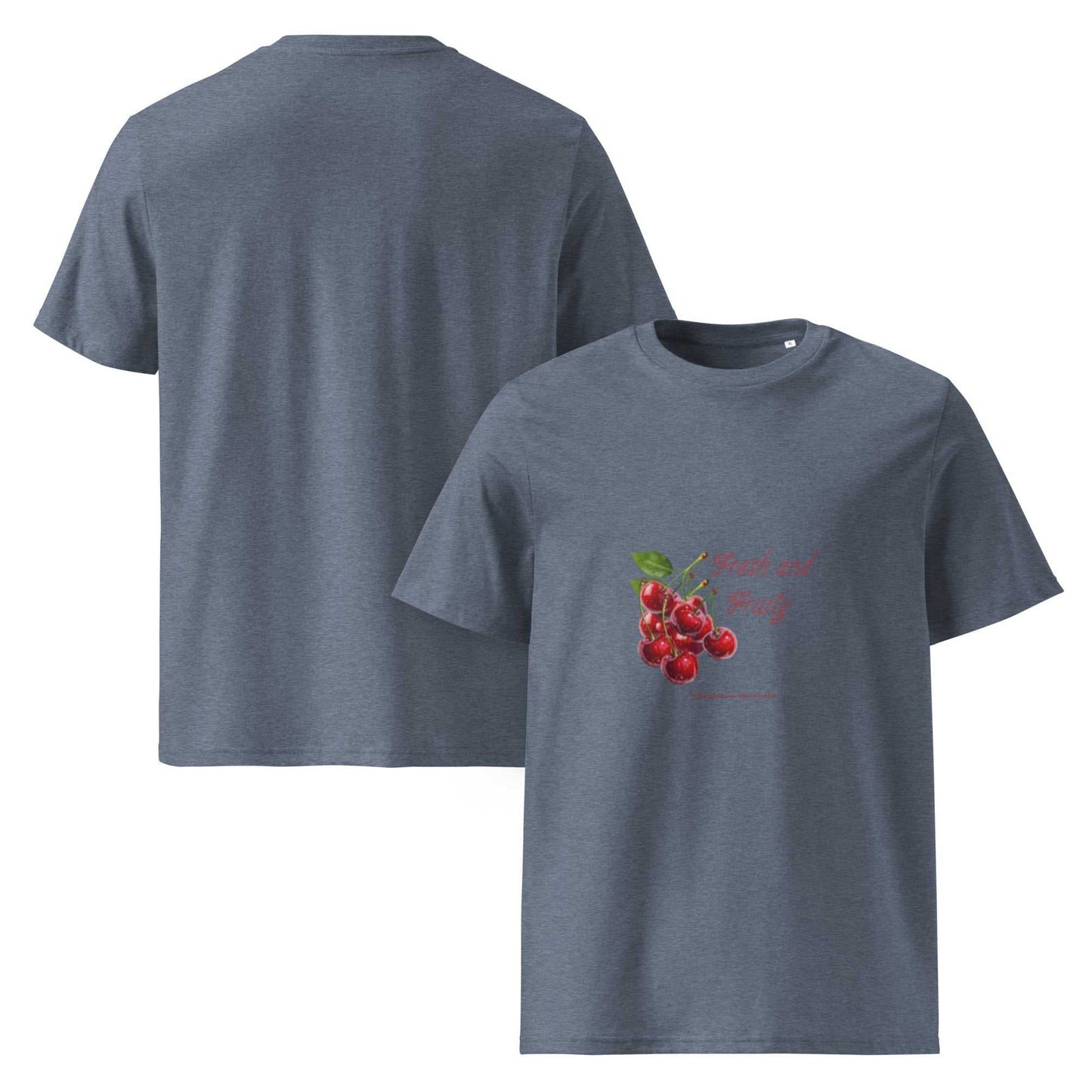 Front and back view of Fresh and Fruity Organic Cotton T-Shirt in denim blue. Organic cotton tee with playful cherry artwork.