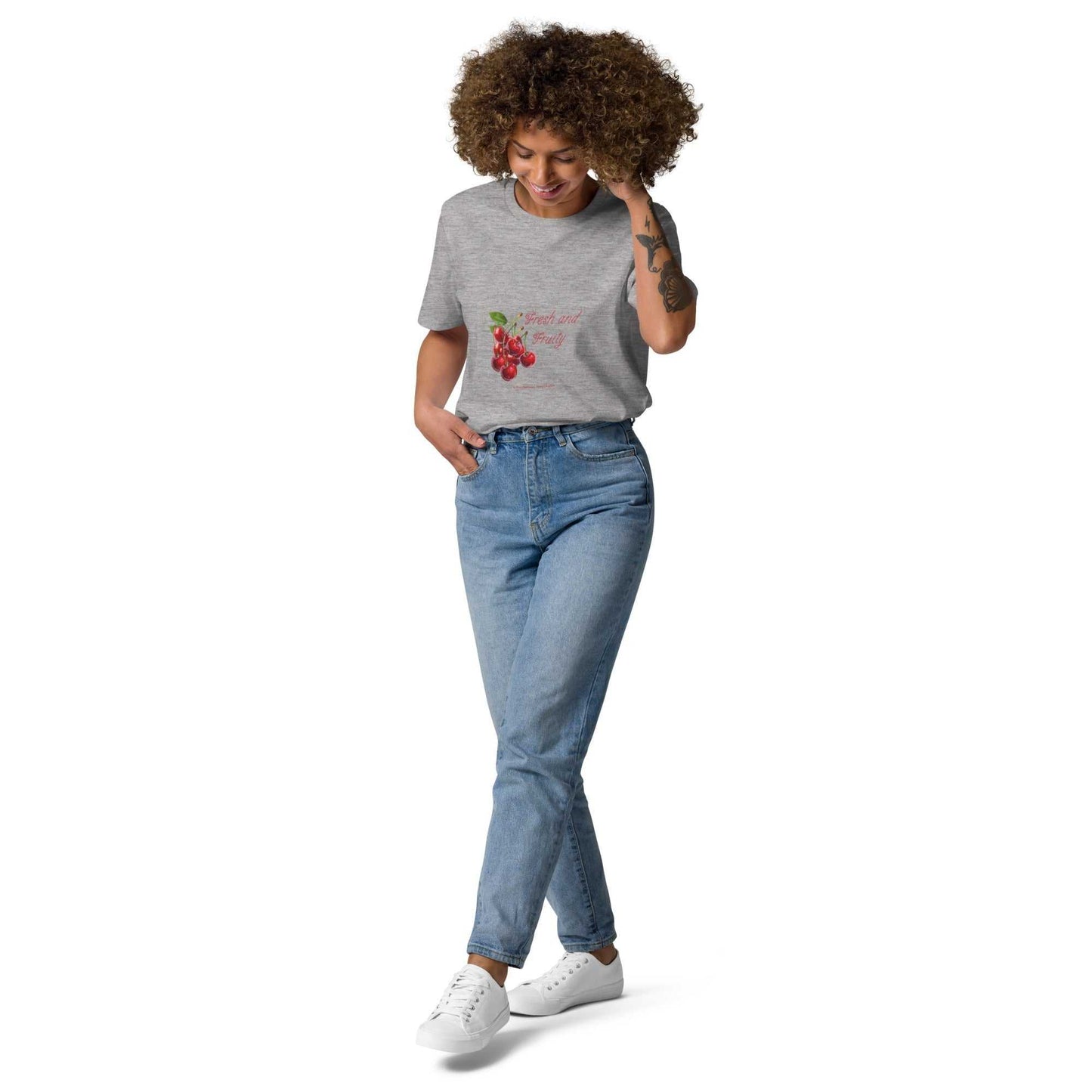 Fresh and Fruity Organic Cotton T-Shirt in sport gray, styled casually. Features cheeky cherry design for eco-conscious wearers.