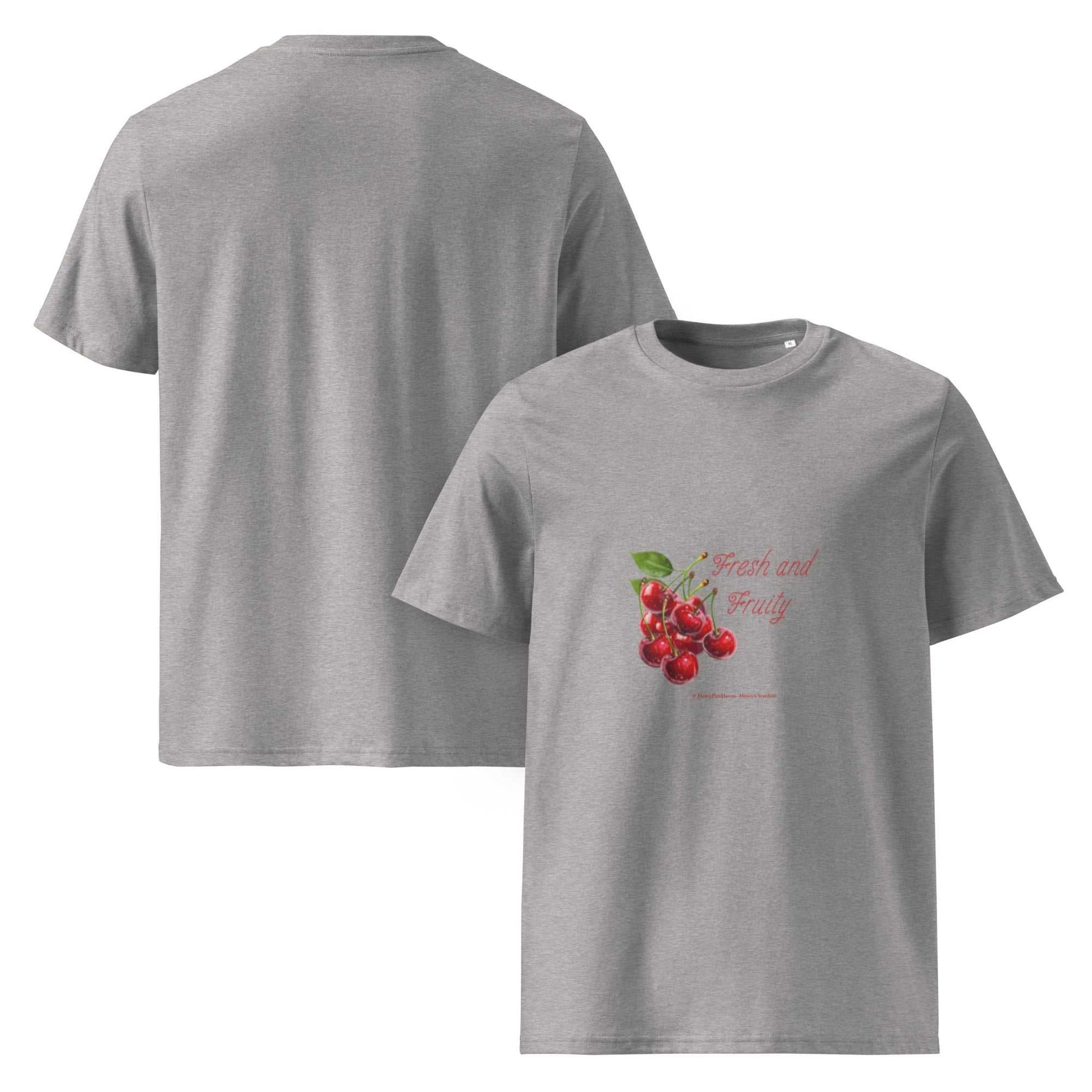 Front and back view of Fresh and Fruity Organic Cotton T-Shirt in sport gray. Sustainable fashion with fruity cherry design.