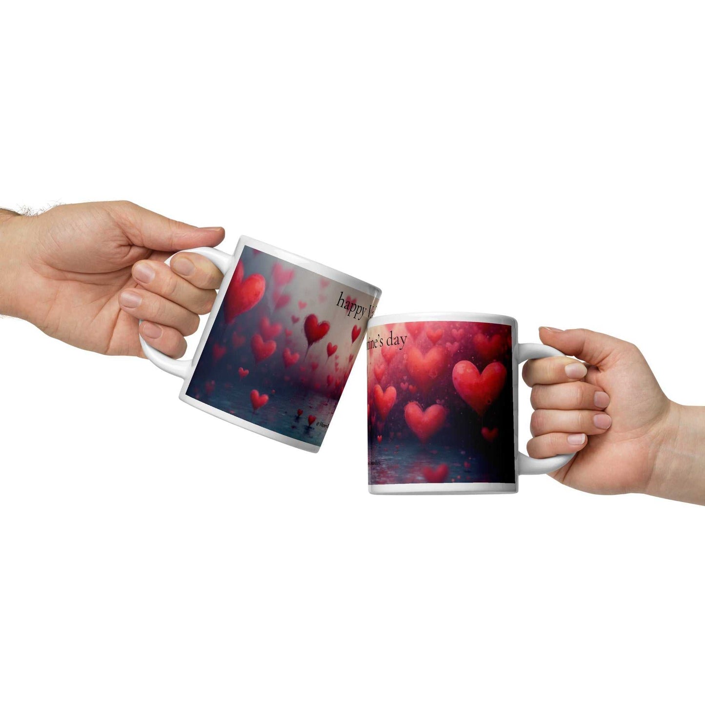 Two people clinking Valentine's Day Mugs with romantic heart design, perfect for celebrating love and special moments together.