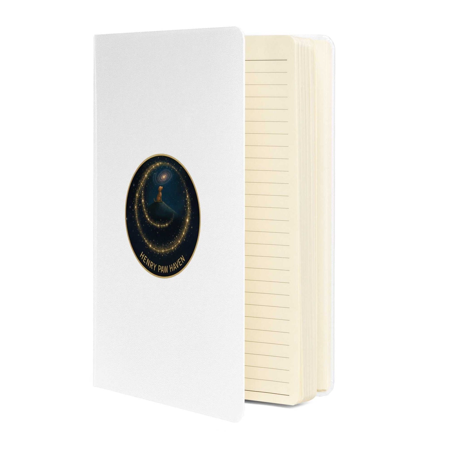 White Hardcover Bound Notebook 5.5" × 8.5" featuring 80 lined pages and HenryPawHaven logo, ideal for professional or personal use.