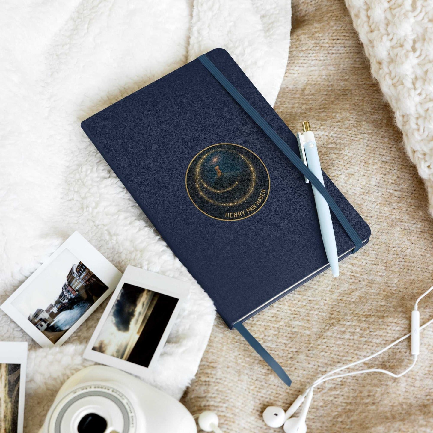 Navy Hardcover Bound Notebook 5.5" × 8.5" with 80 lined pages and HenryPawHaven logo, styled with pen and instant photos on soft fabric.