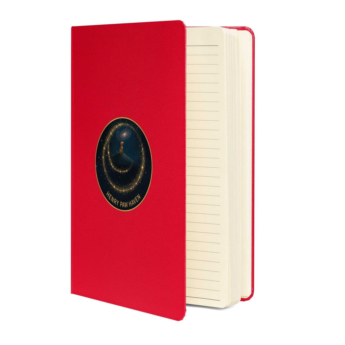 Red Hardcover Bound Notebook 5.5" × 8.5" with 80 lined cream pages and HenryPawHaven logo, great for personal or office use.