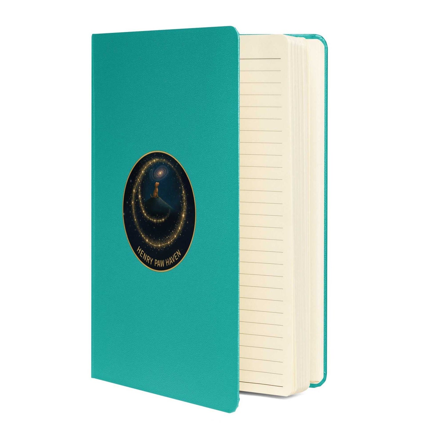 Teal Hardcover Bound Notebook 5.5" × 8.5" with 80 lined cream pages and HenryPawHaven logo, ideal for creative writing and notes.