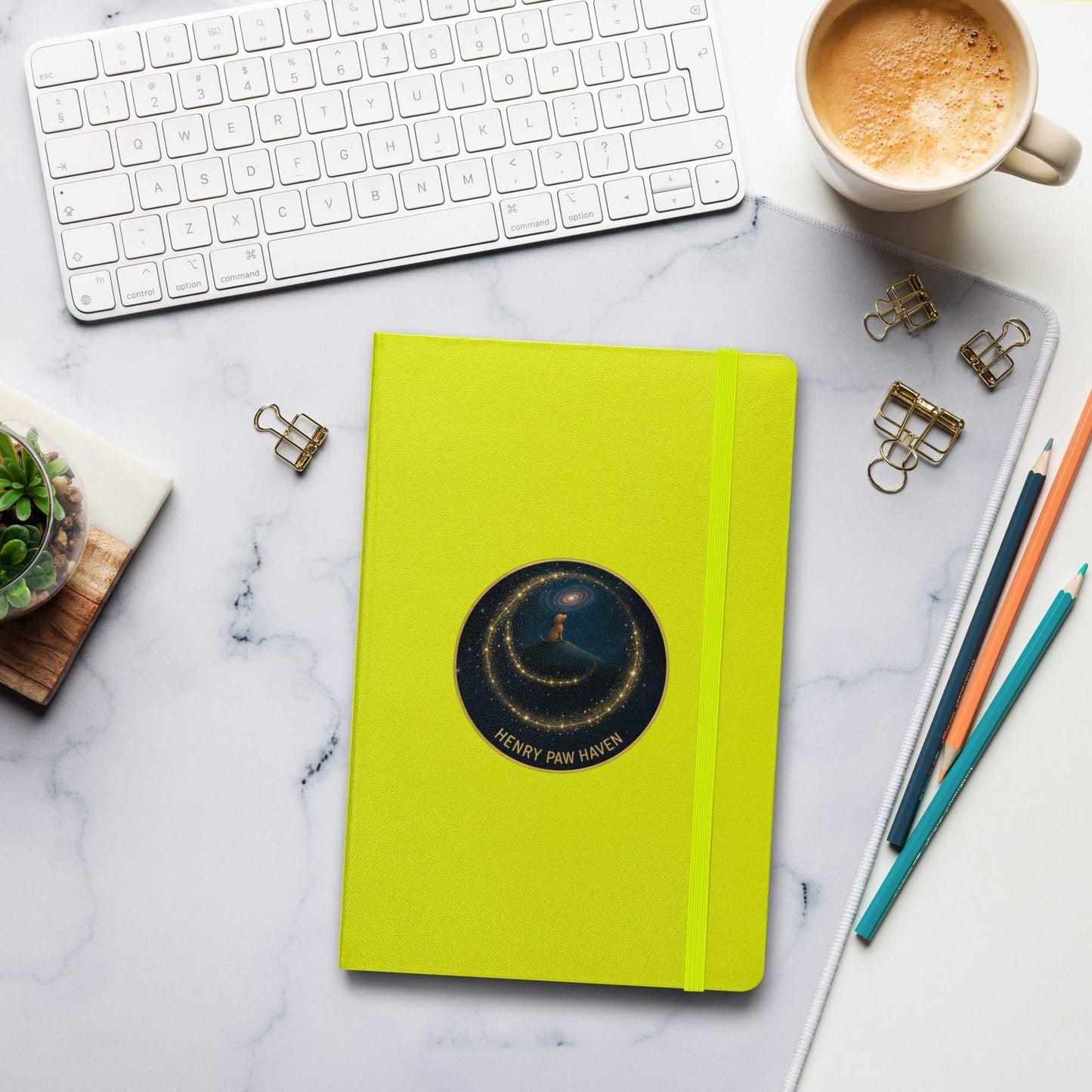 Lime green Hardcover Bound Notebook 5.5" × 8.5" with elastic closure and HenryPawHaven logo, ideal for creative journaling or notes.