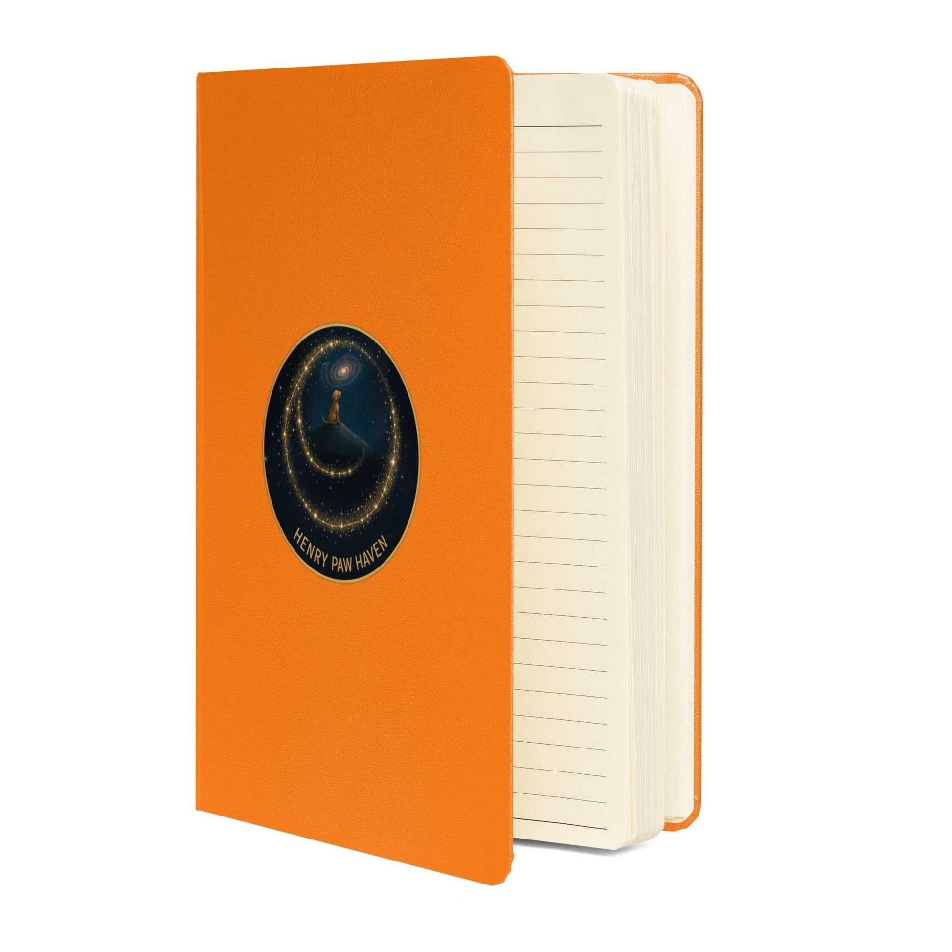 Hardcover Bound Notebook 5.5" × 8.5" in orange with 80 lined pages and HenryPawHaven logo, ideal for journaling and note-taking.