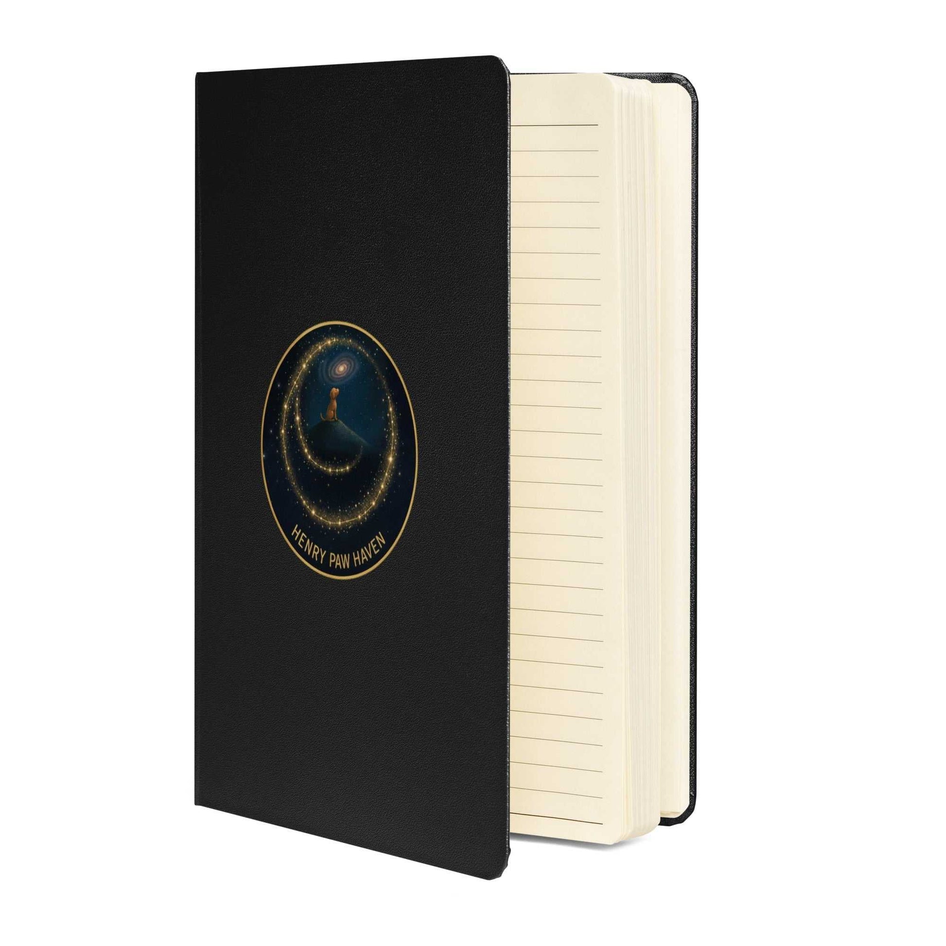 Black Hardcover Bound Notebook 5.5" × 8.5" with cream lined pages and HenryPawHaven logo, ideal for journaling or note-taking.
