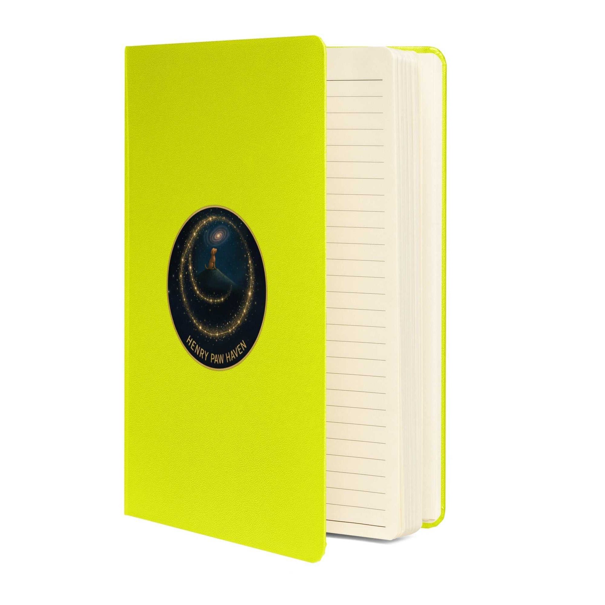 Bright green Hardcover Bound Notebook 5.5" × 8.5" with 80 lined pages and HenryPawHaven logo, great for creative writing or planning.