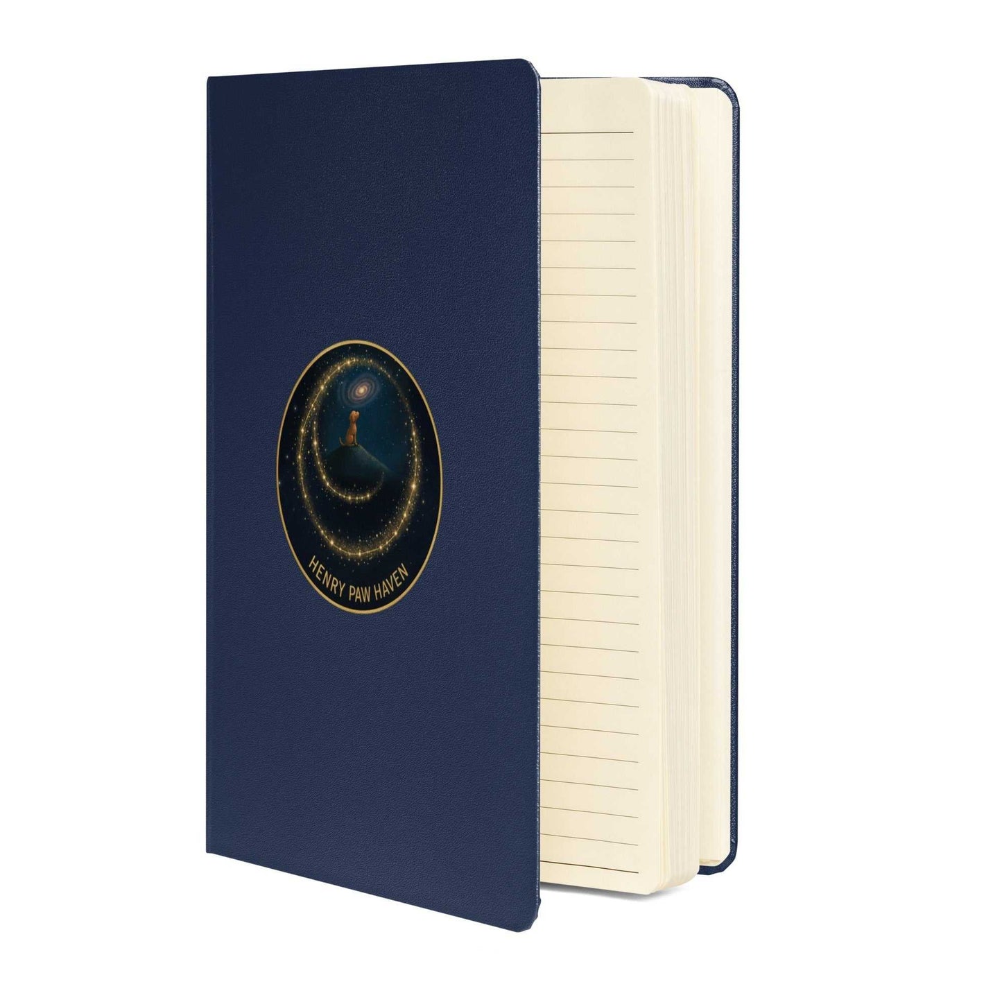 Navy Hardcover Bound Notebook 5.5" × 8.5" with 80 cream lined pages and HenryPawHaven logo, perfect for writing and planning.