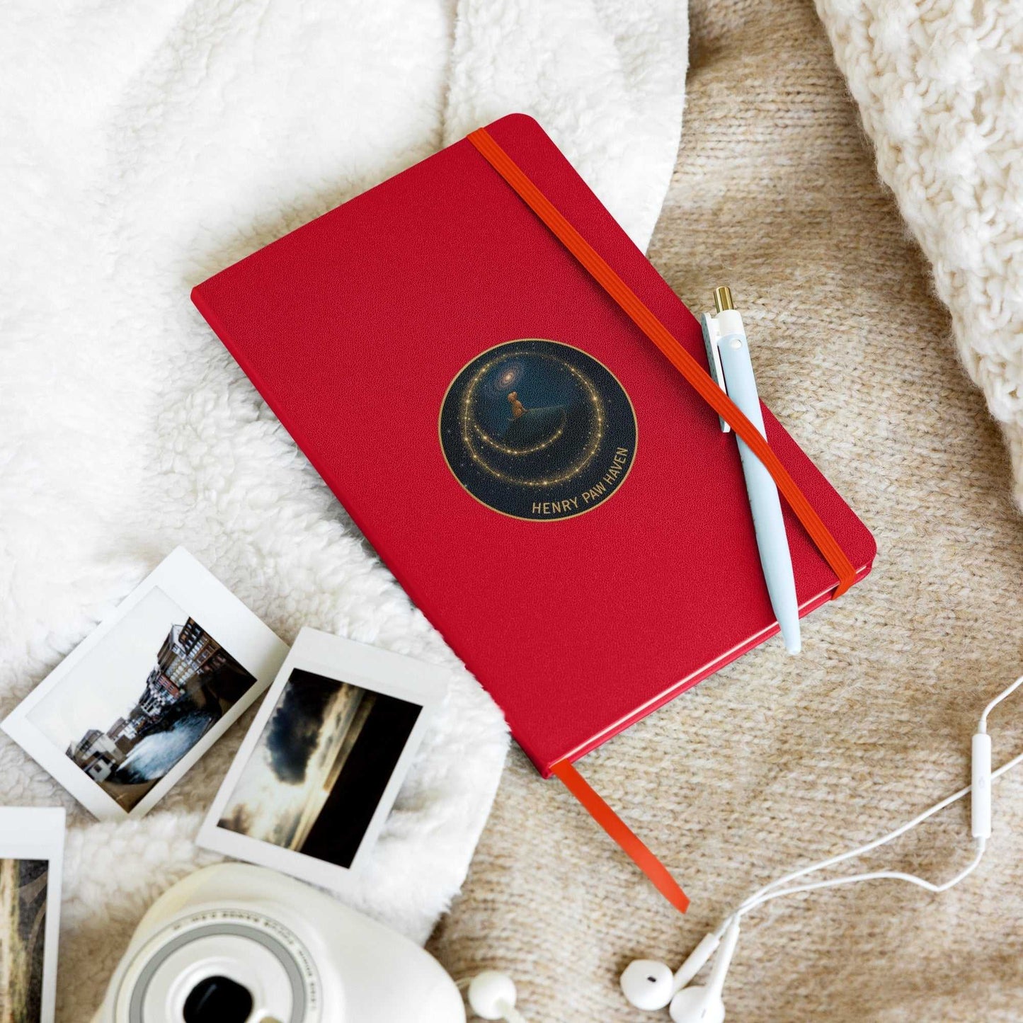 Red Hardcover Bound Notebook 5.5" × 8.5" with 80 lined pages and HenryPawHaven logo, perfect for writing and journaling on the go.