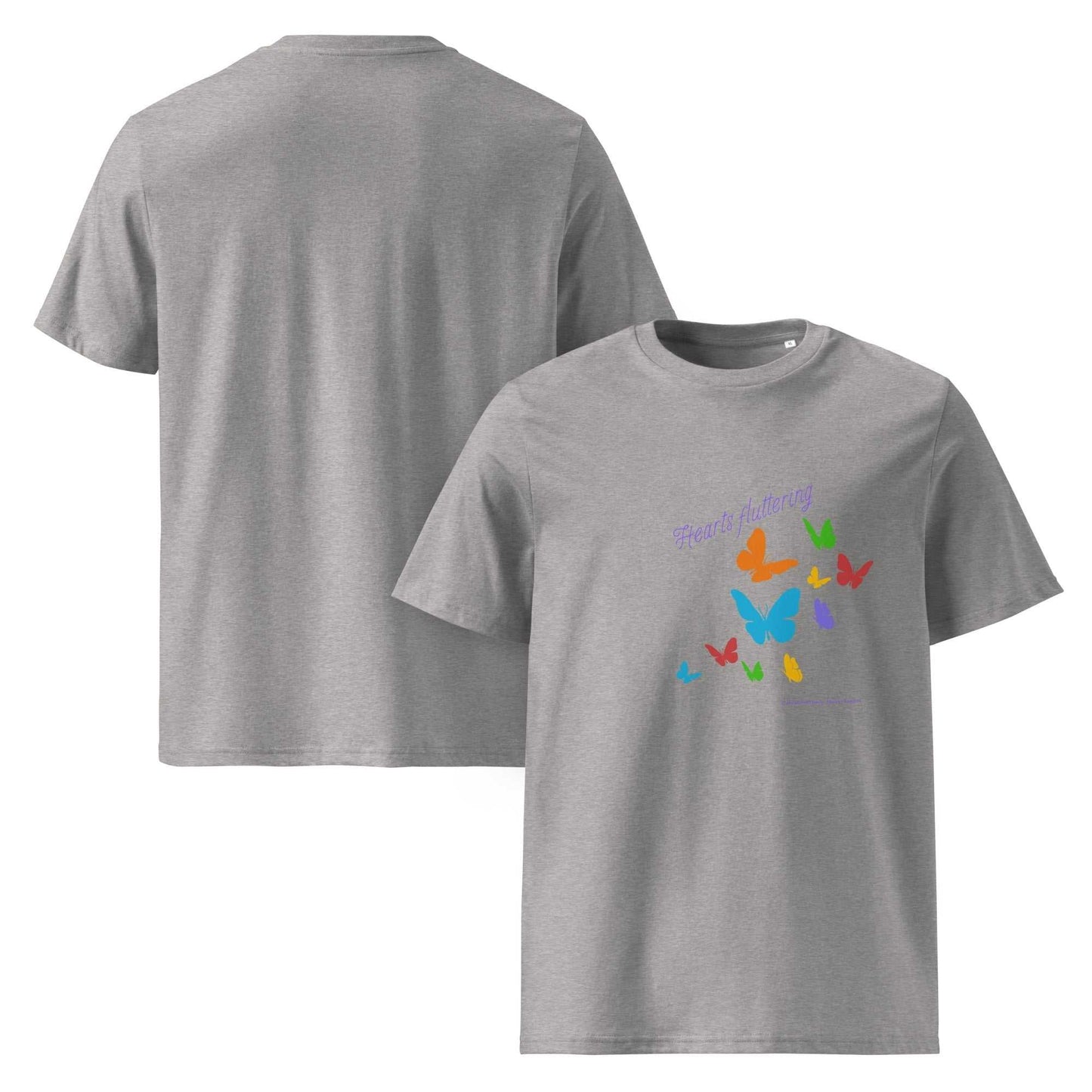 Hearts Fluttering T-Shirt - unisex organic cotton t-shirt in heather gray, featuring a cheerful butterfly design for ethical spring style.