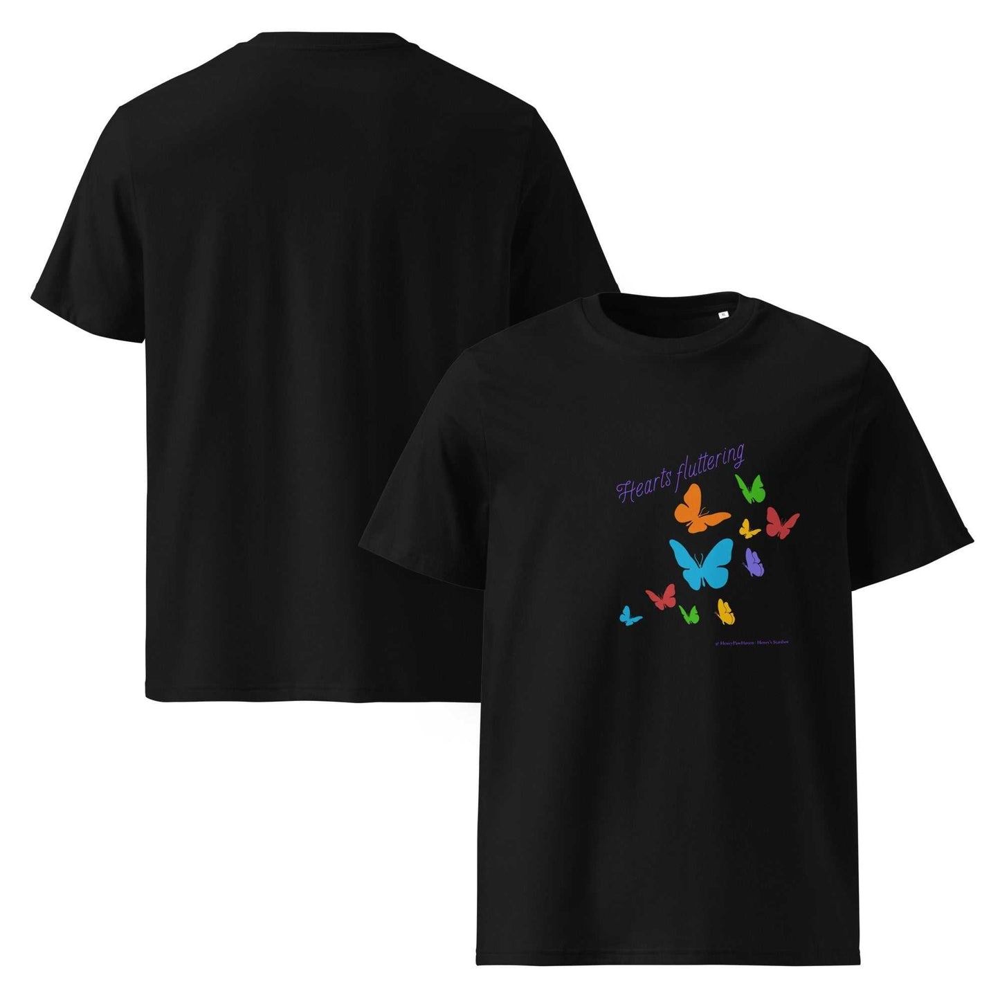 Hearts Fluttering T-Shirt - unisex organic cotton t-shirt in black, front and back view showing colorful butterfly artwork and relaxed fit.