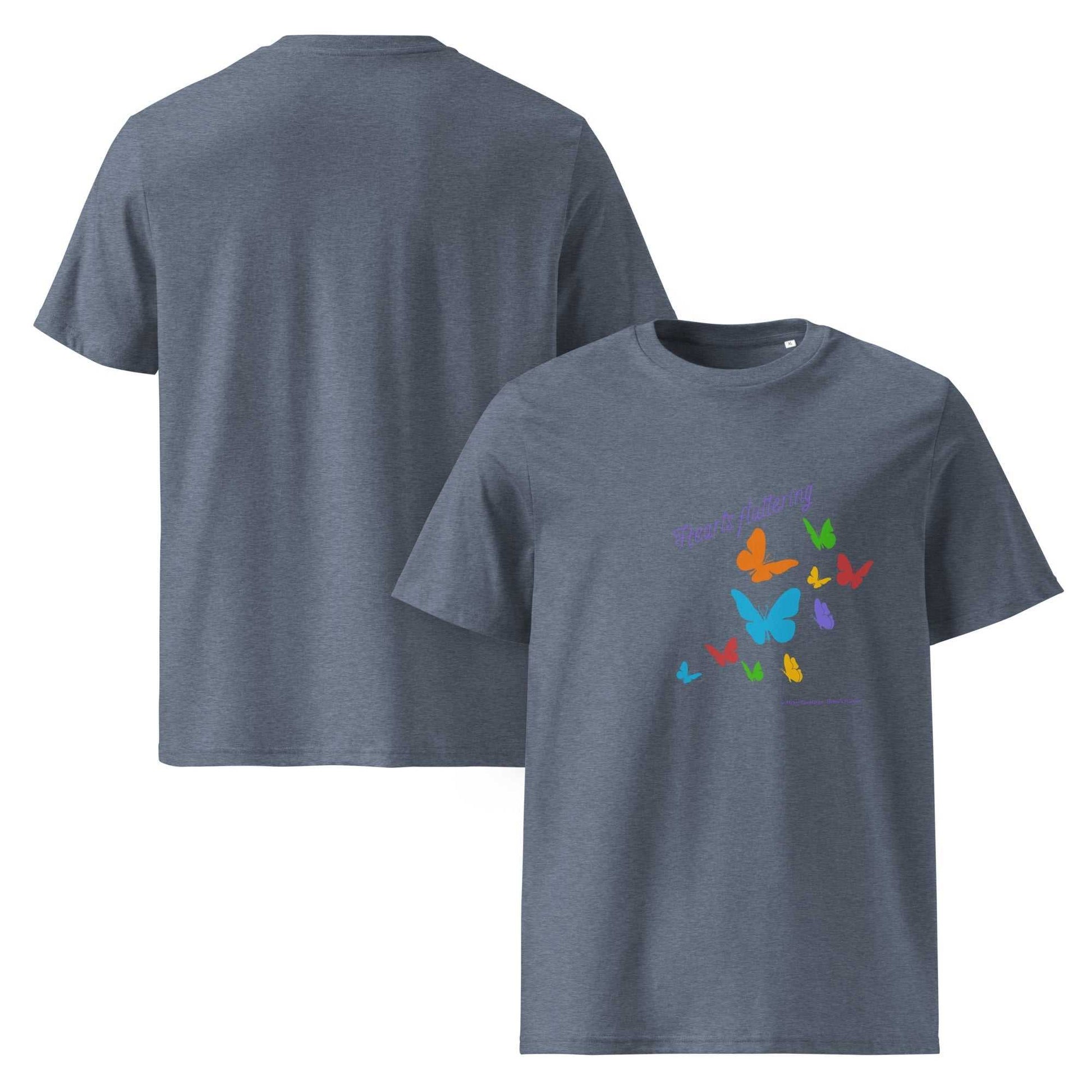 Hearts Fluttering T-Shirt - unisex organic cotton t-shirt in denim blue with colorful butterflies, perfect for spring transformation vibes.