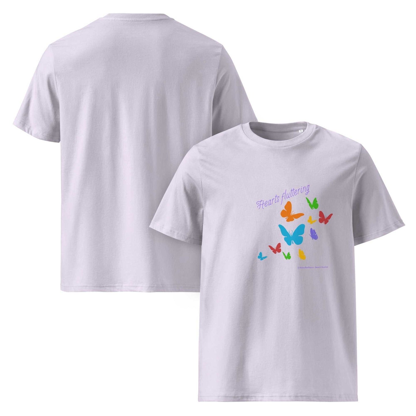 Hearts Fluttering T-Shirt - unisex organic cotton t-shirt in lavender, featuring a colorful butterfly design for sustainable spring fashion.