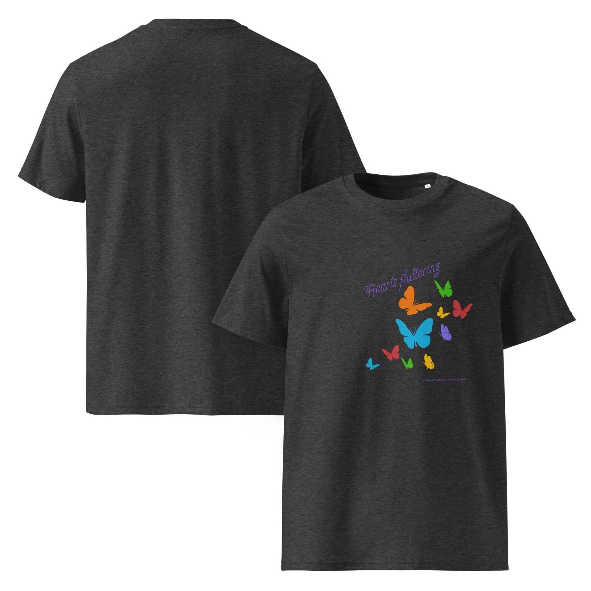 Hearts Fluttering T-Shirt - unisex organic cotton t-shirt in dark heather gray with colorful butterflies, ideal for sustainable casual wear.