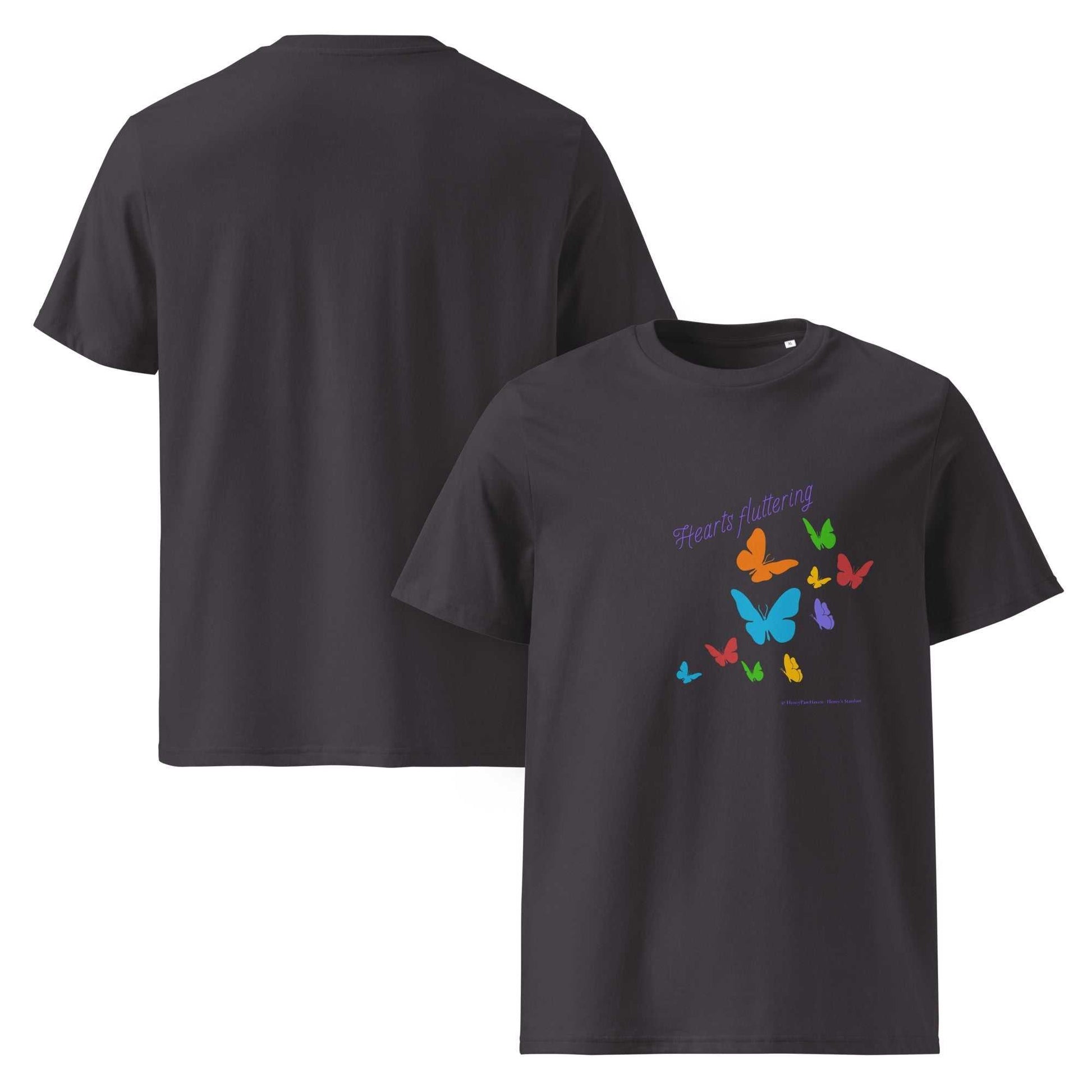 Hearts Fluttering T-Shirt - unisex organic cotton t-shirt in anthracite, showcasing a bold butterfly print for eco-friendly fashion lovers.