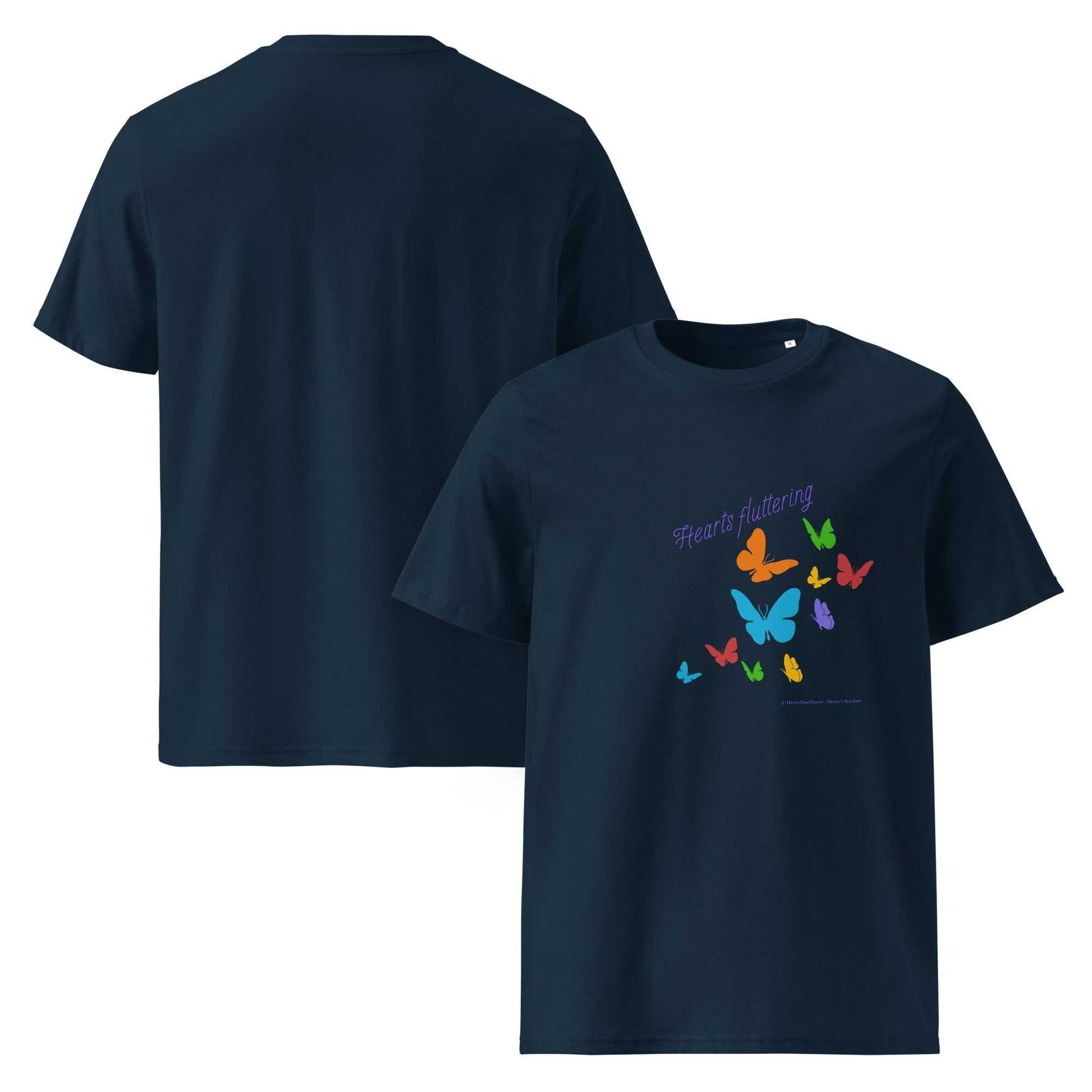 Hearts Fluttering T-Shirt - unisex organic cotton t-shirt in navy blue, featuring a vibrant butterfly design for ethical spring fashion.
