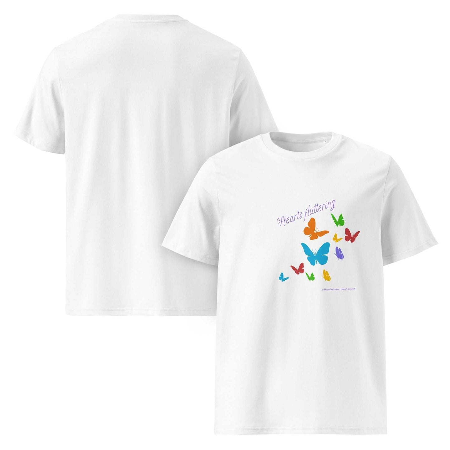 Hearts Fluttering T-Shirt - unisex organic cotton t-shirt in white, front and back views with vibrant butterfly artwork for ethical fashion.