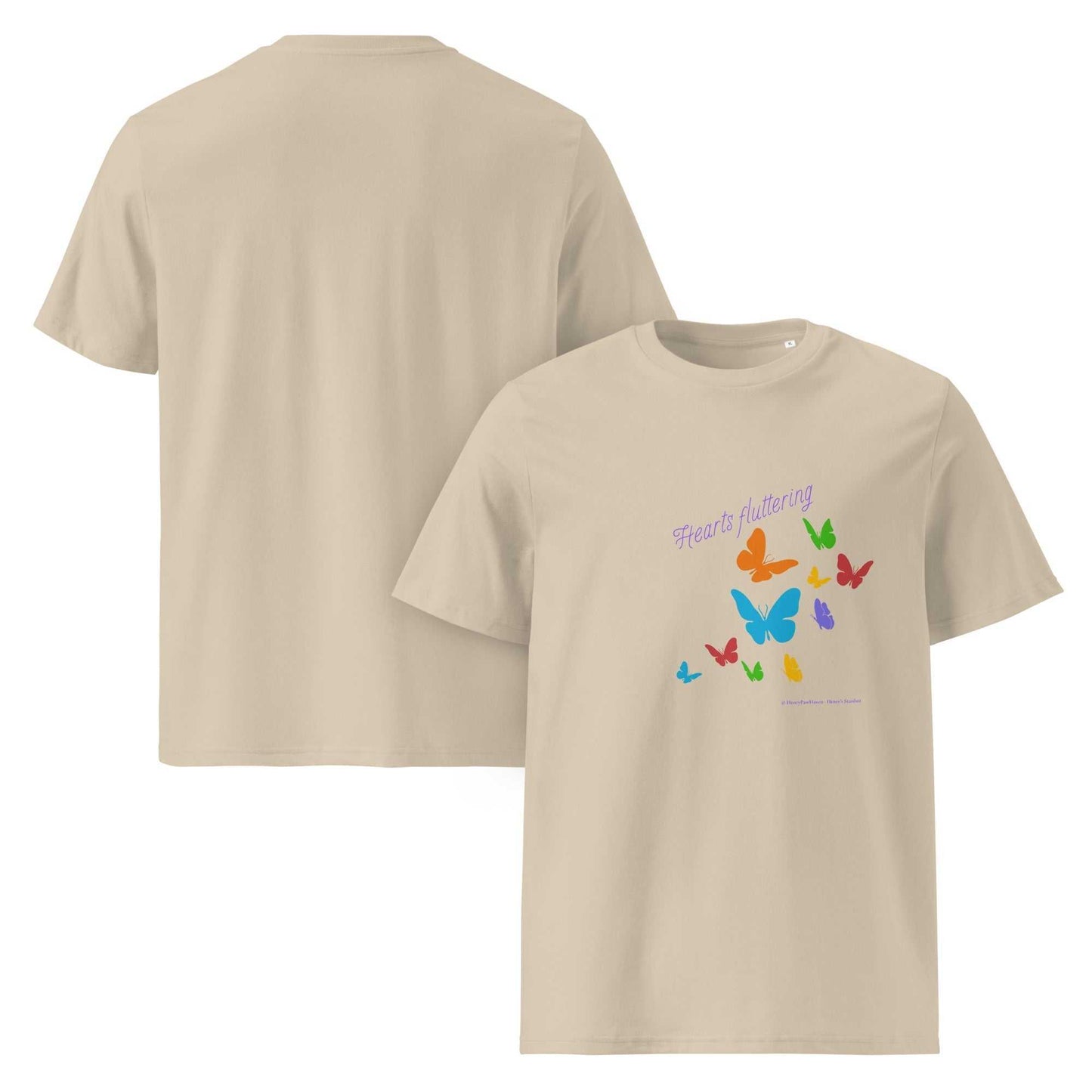 Hearts Fluttering T-Shirt - unisex organic cotton t-shirt in beige, front and back views highlighting colorful butterflies and eco-friendly fabric.