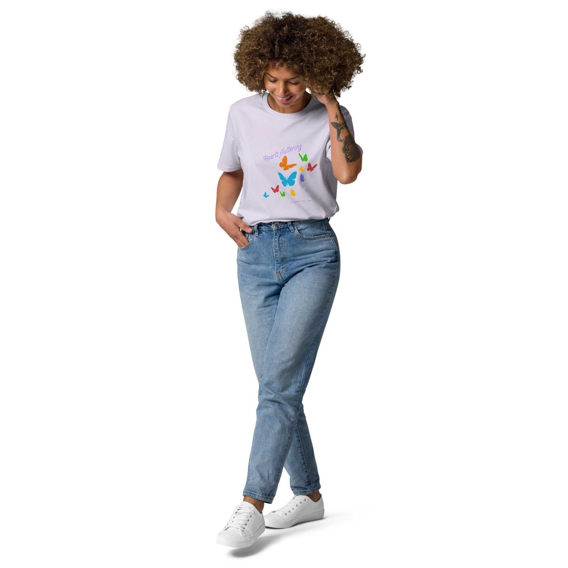 Hearts Fluttering T-Shirt in white with colorful butterfly design, unisex organic cotton for sustainable spring fashion.