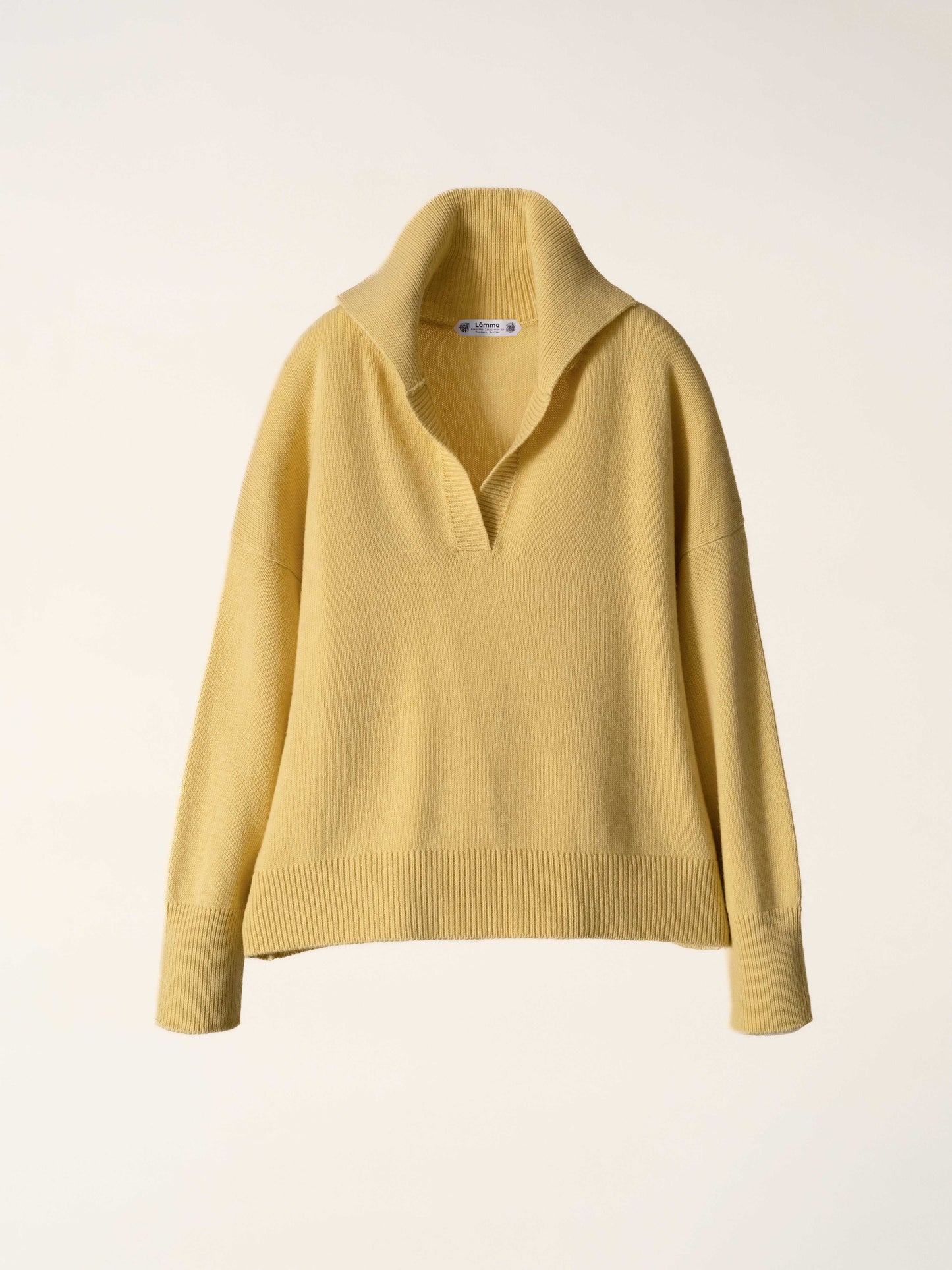 Soft yellow Cashmere-Wool Blend Relaxed Polo with ribbed hem and cuffs, Italian knitwear by HenryPawHaven. Light and luxurious spring layer.