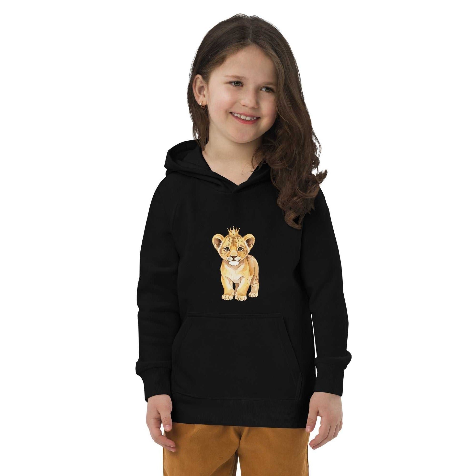 Child wearing black Kids Eco Hoodie with baby lion design, showcasing cozy fit and organic cotton material for everyday wear.