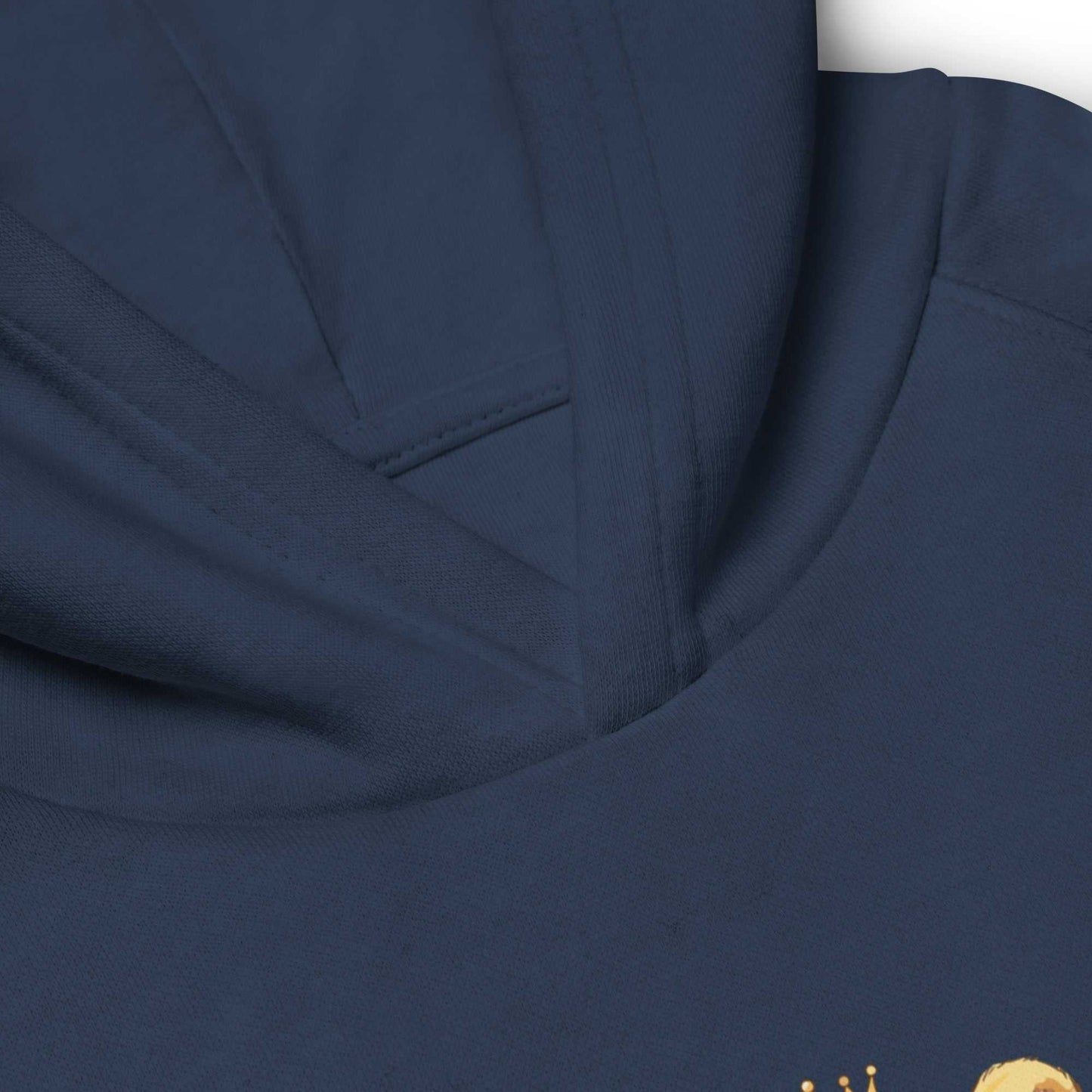 Close-up of navy blue kids eco hoodie neckline with baby lion design. Cozy organic cotton fabric with reinforced stitching.