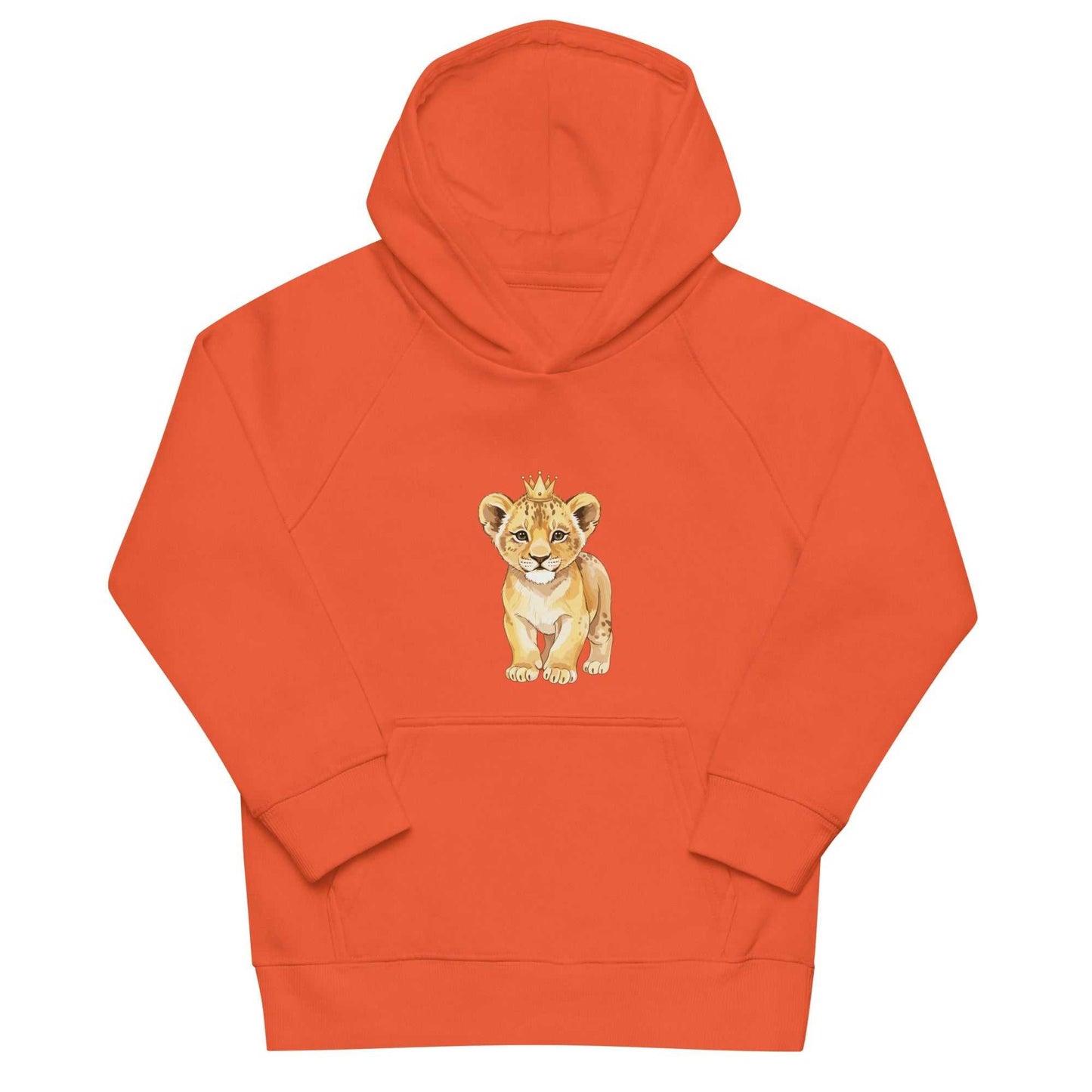 Orange kids eco hoodie with cute baby lion print, crafted from organic cotton for soft and breathable activewear.