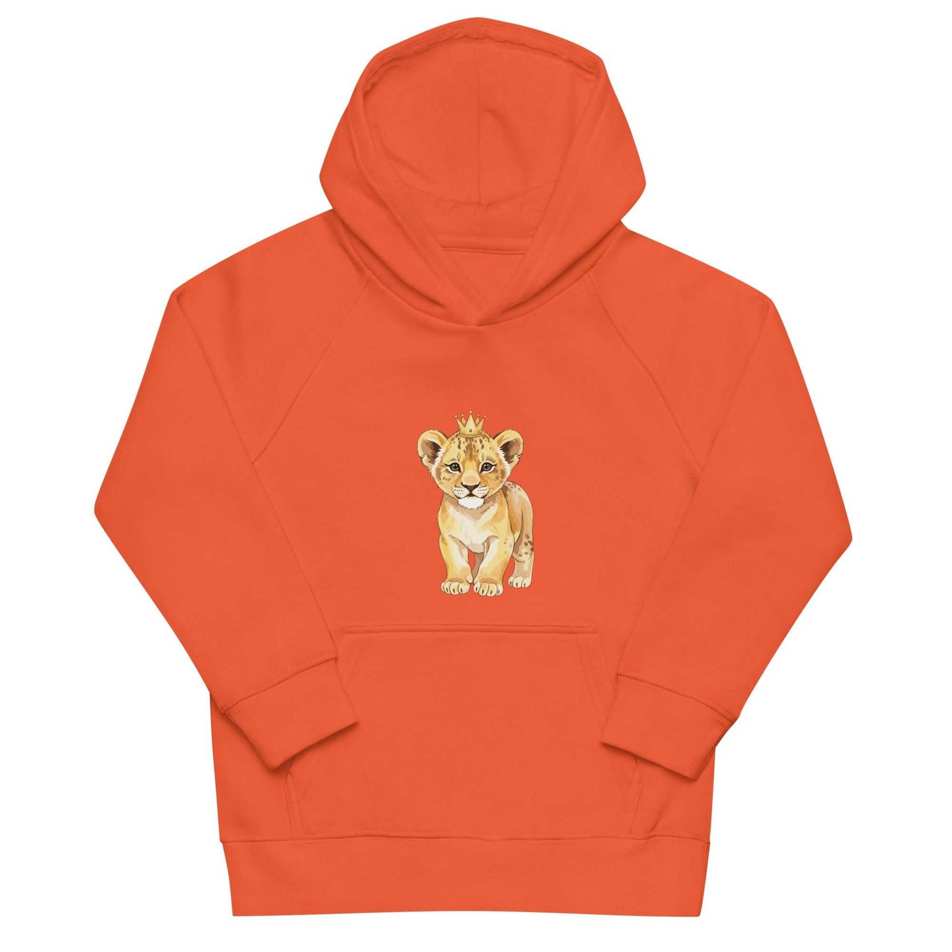 Orange kids eco hoodie with cute baby lion print, crafted from organic cotton for soft and breathable activewear.