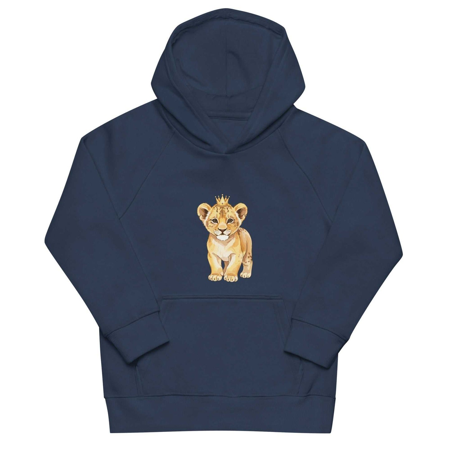Navy eco hoodie for kids with baby lion design, made from sustainable organic cotton for cozy and stylish wear.