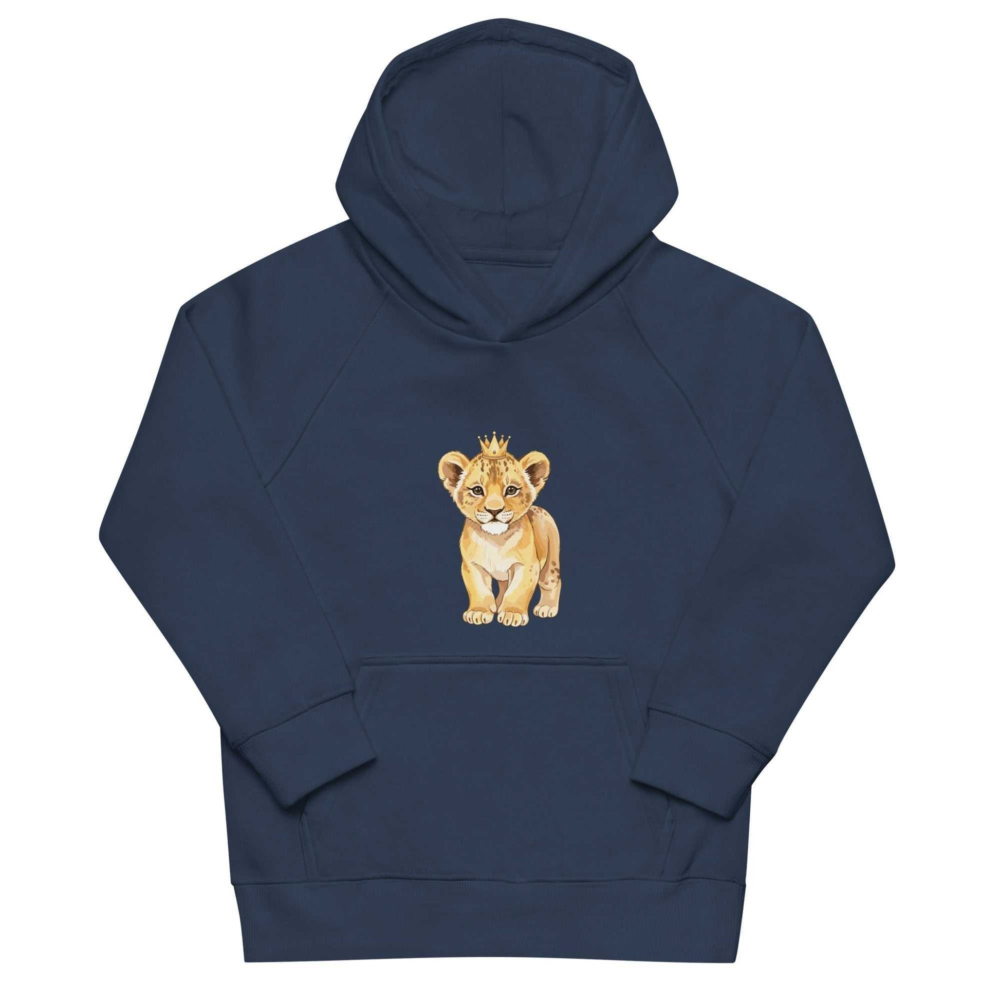 Navy eco hoodie for kids with baby lion design, made from sustainable organic cotton for cozy and stylish wear.