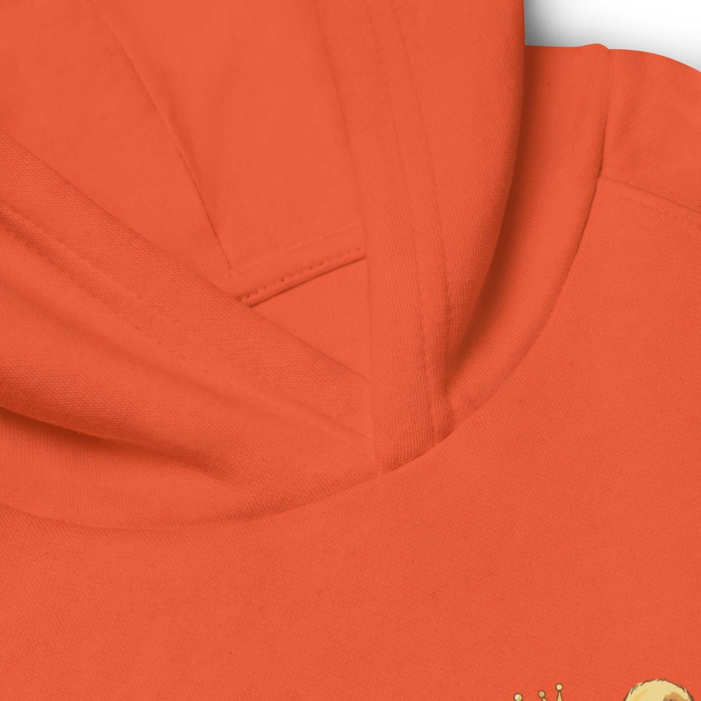 Close-up of orange kids eco hoodie neckline with baby lion design. Bright and soft organic cotton hoodie for kids.