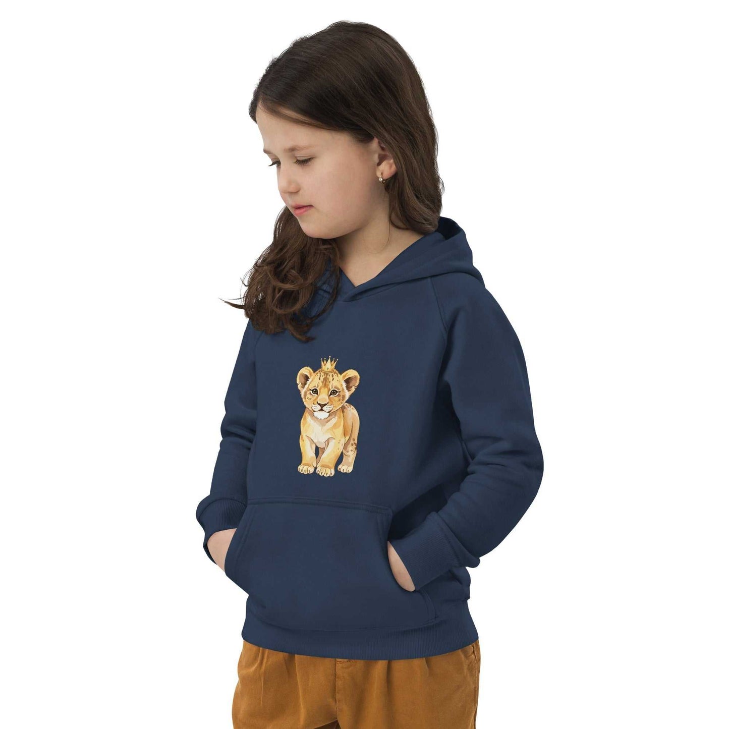 Child in navy Kids Eco Hoodie with baby lion design, hands in pocket, ideal for sustainable and playful children's clothing.