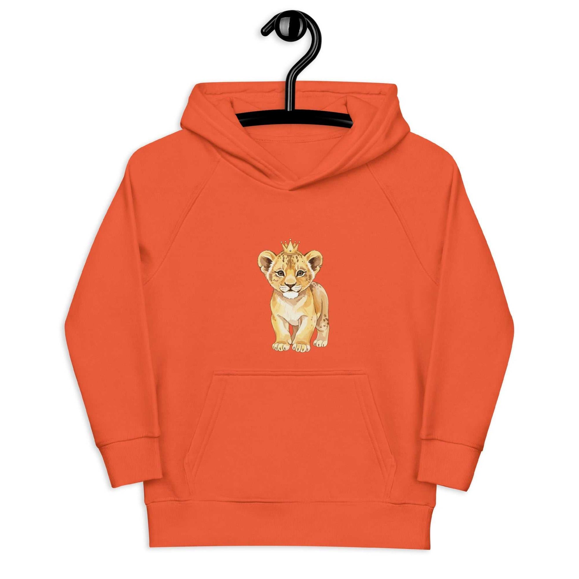 Bright orange kids eco hoodie with baby lion graphic, soft organic cotton fabric ideal for active and eco-conscious kids.
