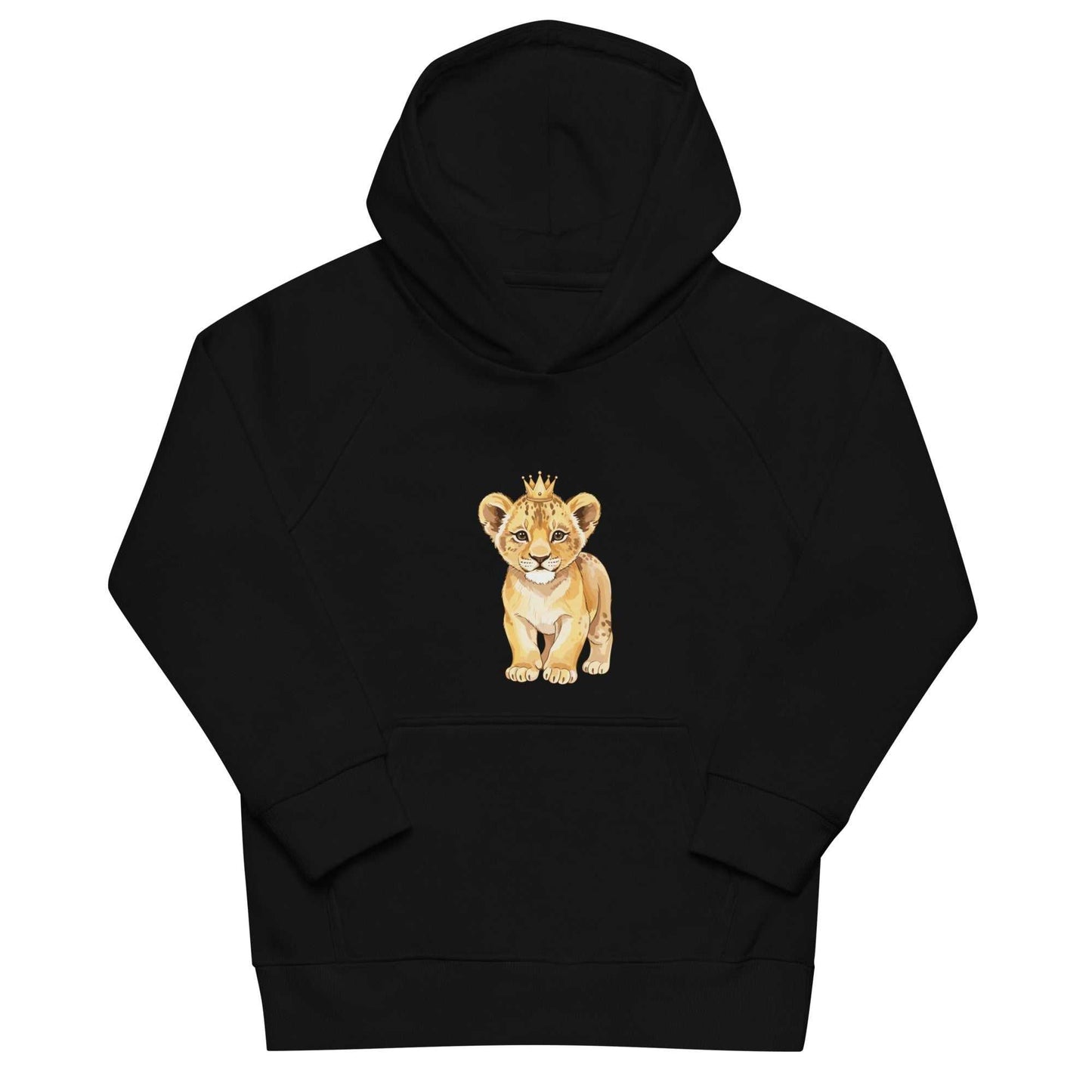 Black kids hoodie with baby lion illustration, organic cotton blend offering warmth and eco-friendly comfort.