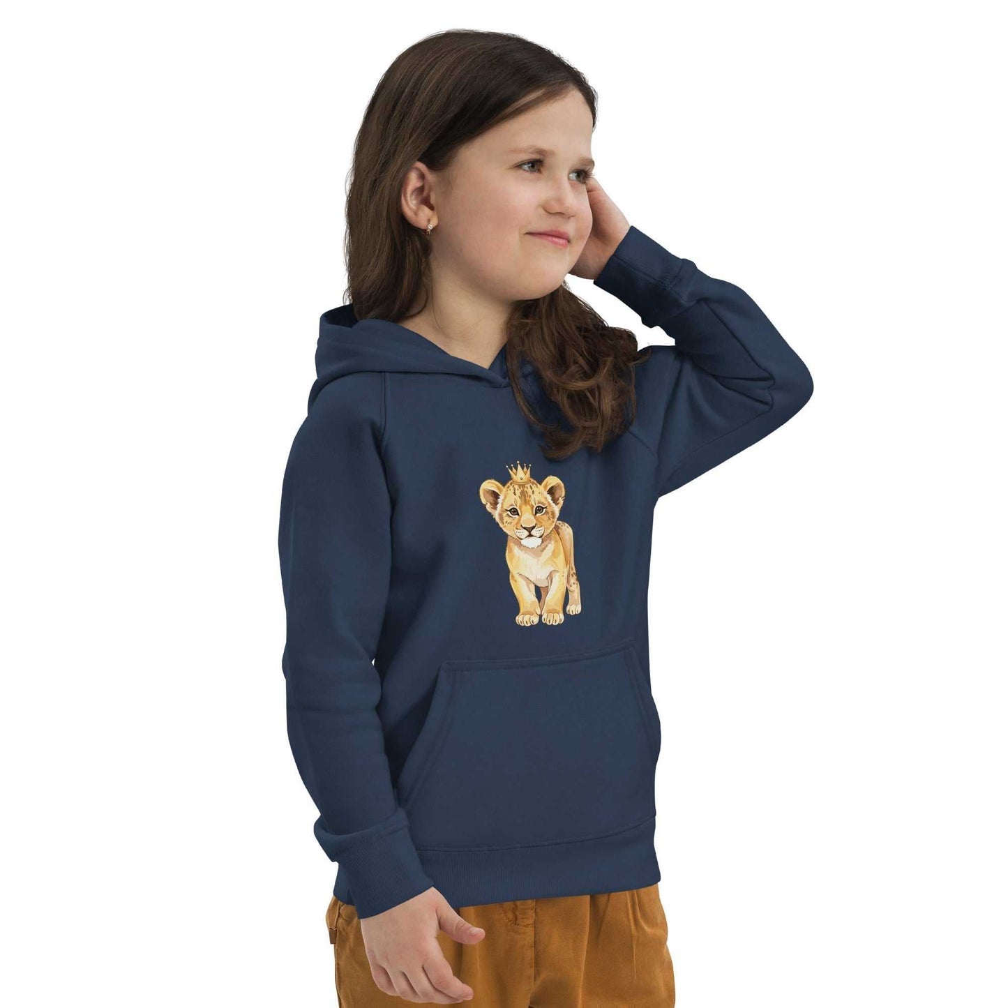 Side view of child in navy Kids Eco Hoodie with baby lion print, made from organic cotton for soft and eco-conscious wear.