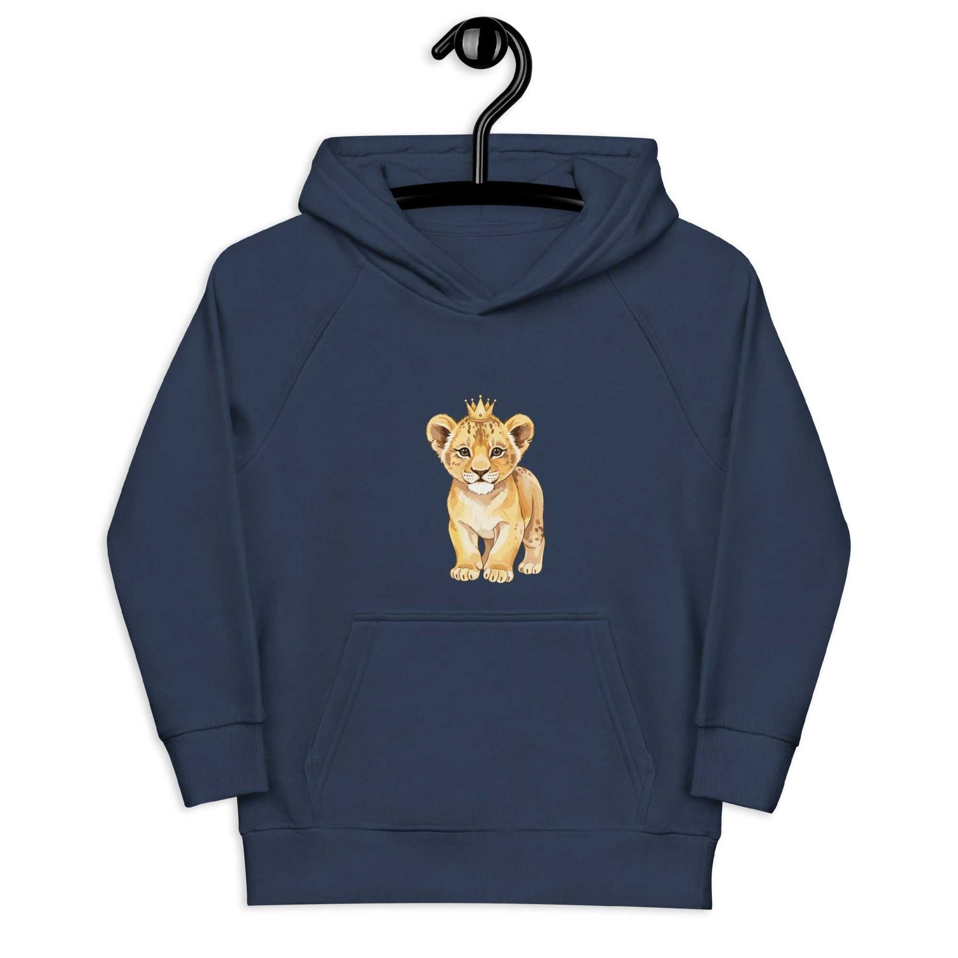 Navy blue kids eco hoodie featuring a playful baby lion print, crafted from organic cotton for cozy everyday wear.