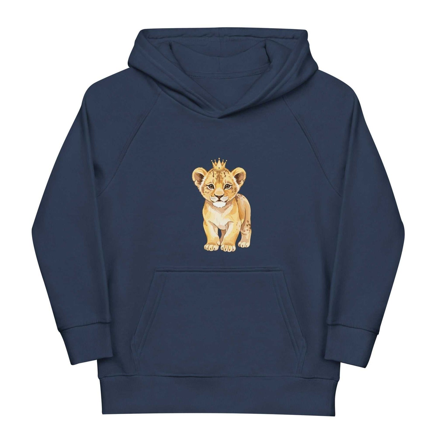 Eco-friendly navy kids hoodie with baby lion print, made from 85% organic cotton for a soft and snug fit.