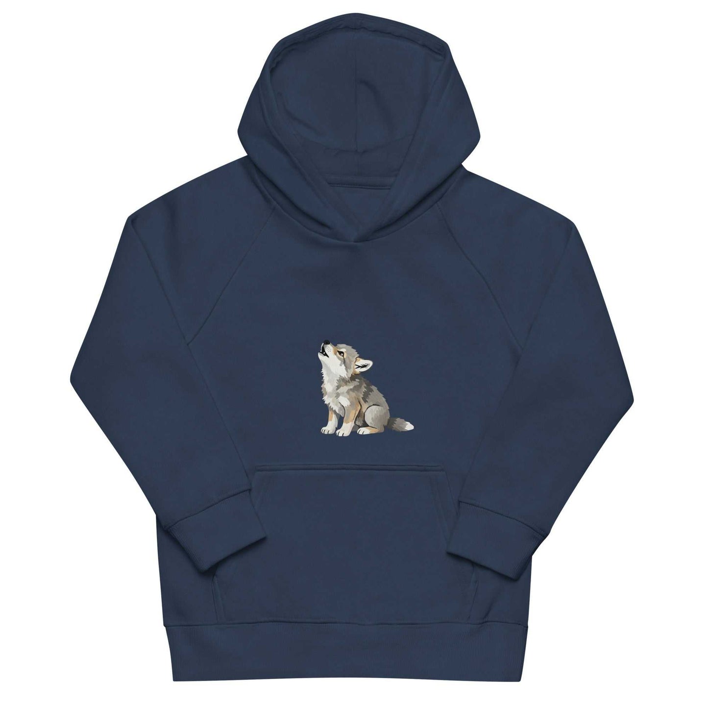 Navy blue kids eco hoodie with baby wolf print, laid flat. Made from organic cotton for eco-friendly and cozy children's wear.