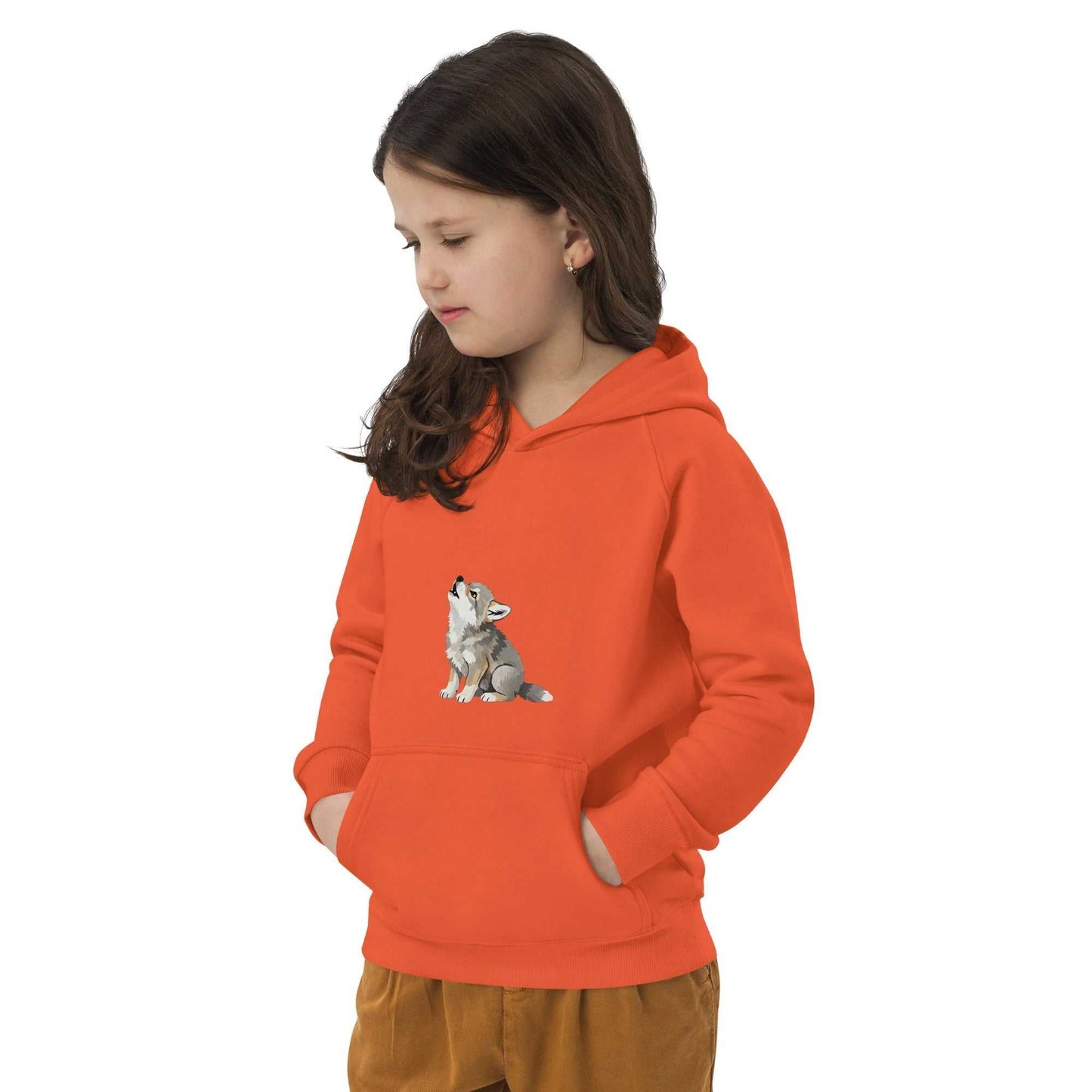 Child wearing orange kids eco hoodie featuring baby wolf design. Made from organic cotton for eco-friendly comfort.