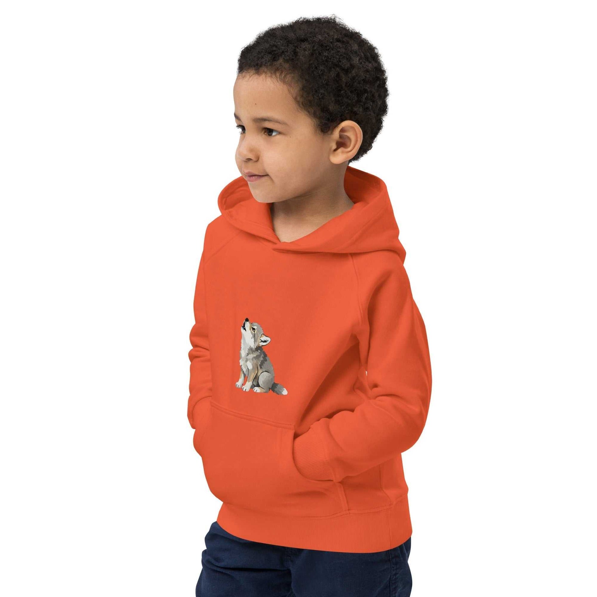 Soft orange kids eco hoodie featuring a baby wolf print, crafted from organic cotton. Perfect for cozy and sustainable everyday wear.