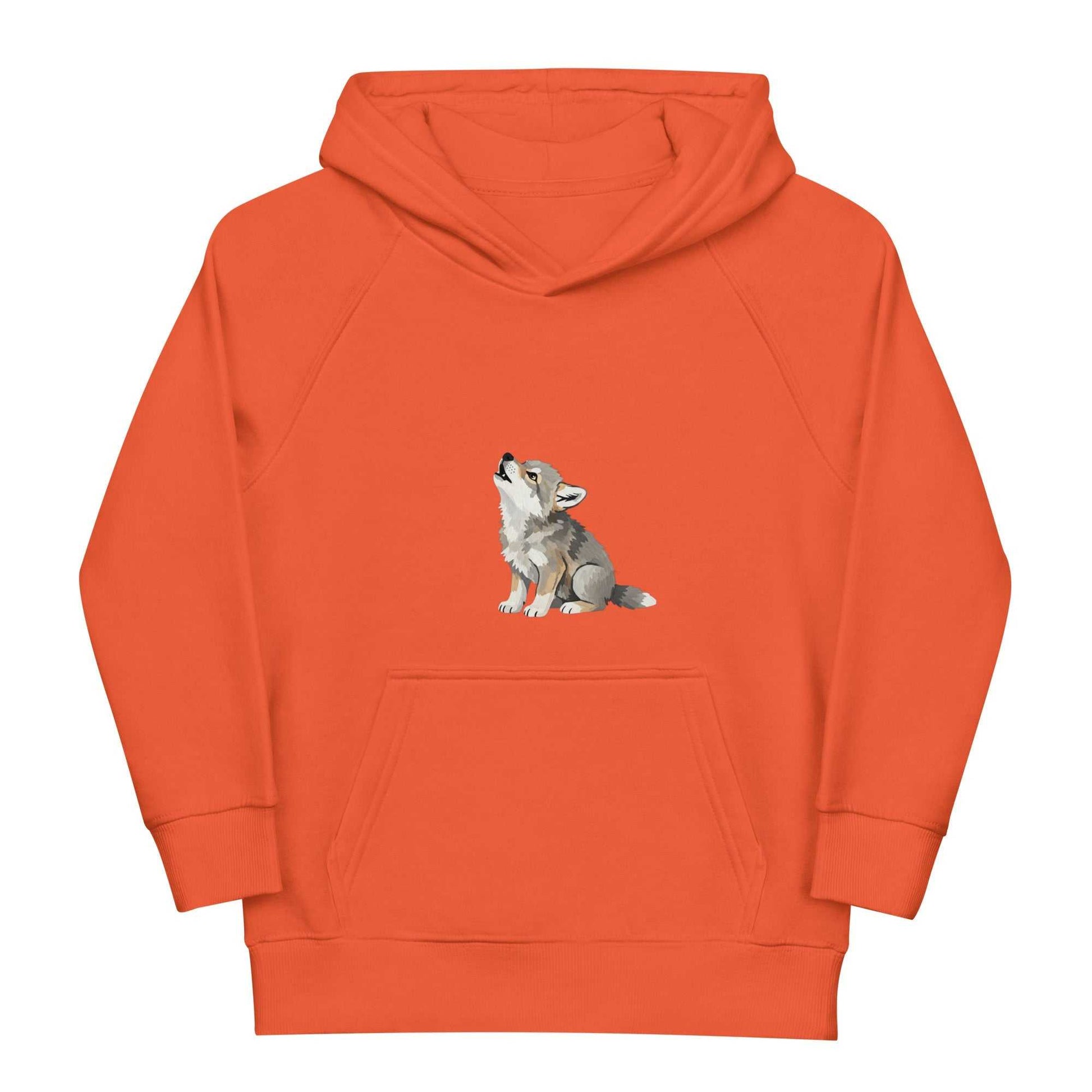 Orange kids eco hoodie with baby wolf illustration, made of soft organic cotton. A warm and eco-friendly staple for children's wardrobes.