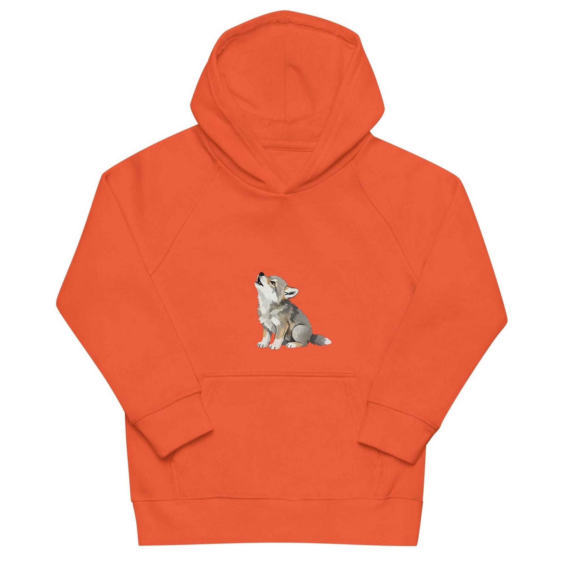 Orange kids eco hoodie with baby wolf design, displayed flat. Eco-conscious hoodie crafted from organic cotton for kids' comfort.