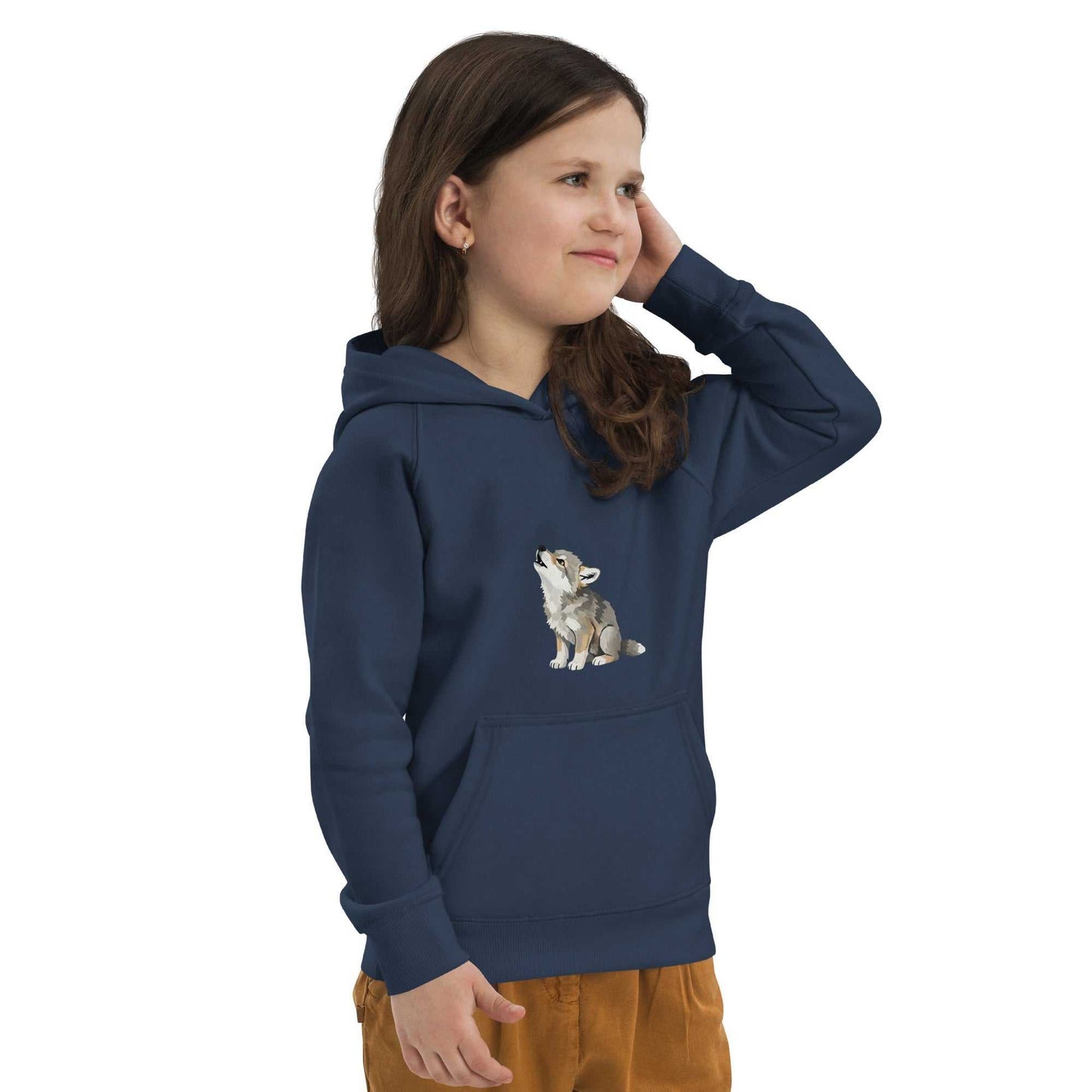 Girl wearing navy kids eco hoodie with baby wolf print, crafted from organic cotton. A cozy and eco-friendly clothing choice.